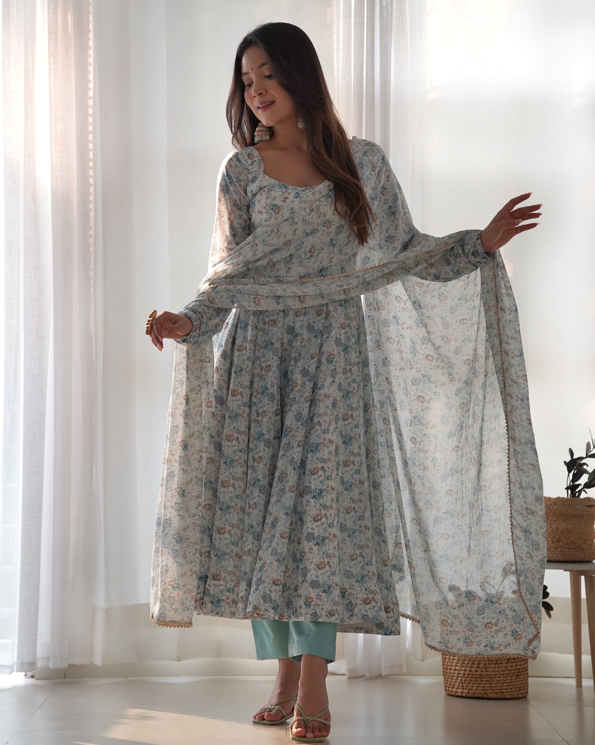 Lorenvalley Fashion Women Pure Orange Chiffon Floral Print Fully Flair Anarkali Kurta Pant With Dupatta Set - Skyblue 