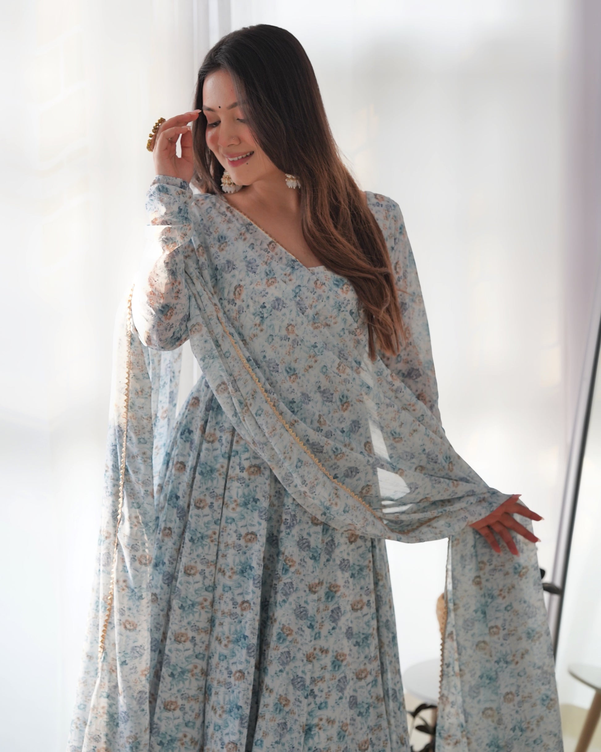 Lorenvalley Fashion Women Pure Orange Chiffon Floral Print Fully Flair Anarkali Kurta Pant With Dupatta Set - Skyblue 