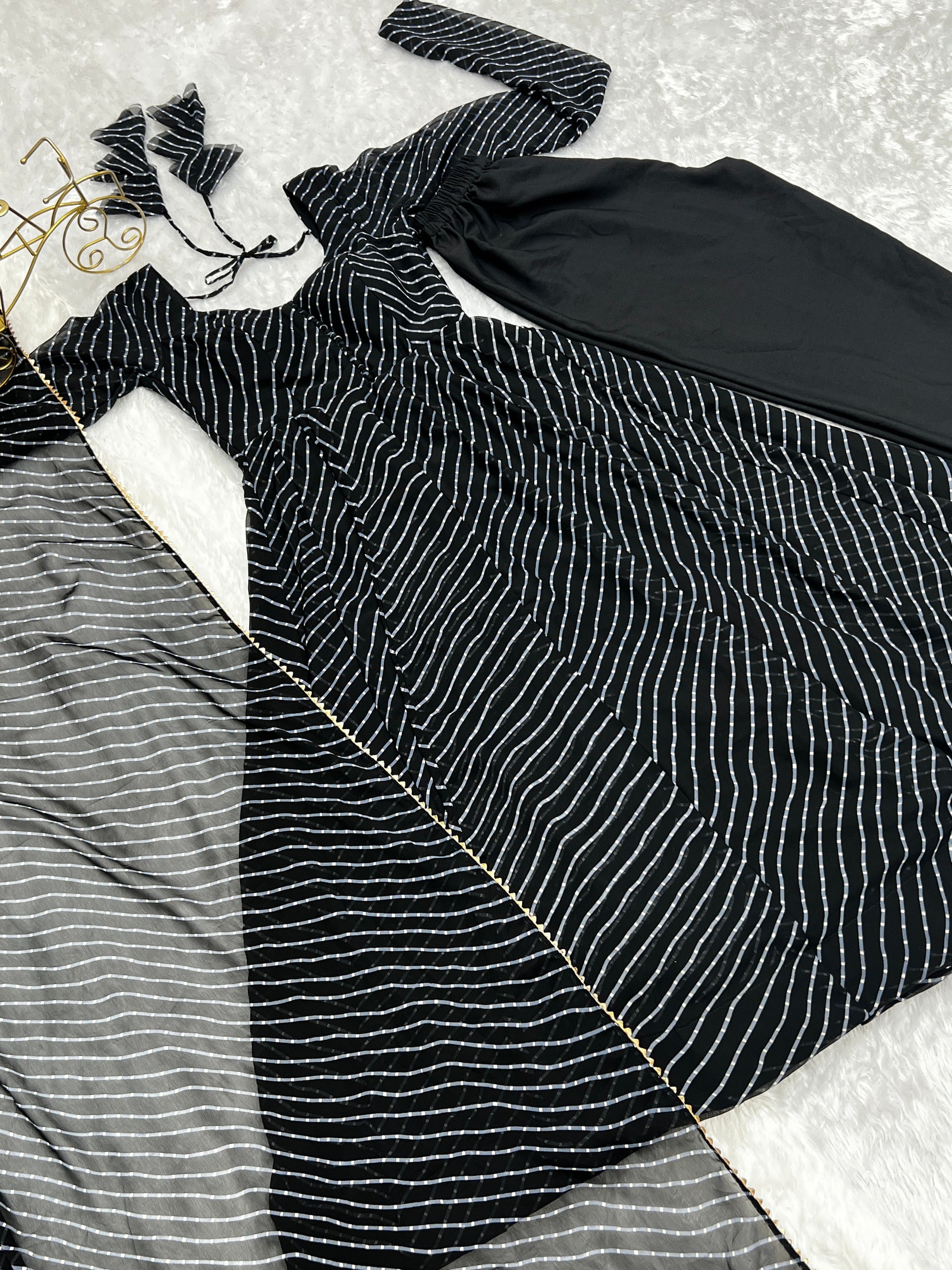 Lorenvalley Fashion Women Pure Soft Faux Georgette Laheriya Print Fully Flair Anarkali Kurta Pant With Dupatta Set - Black 