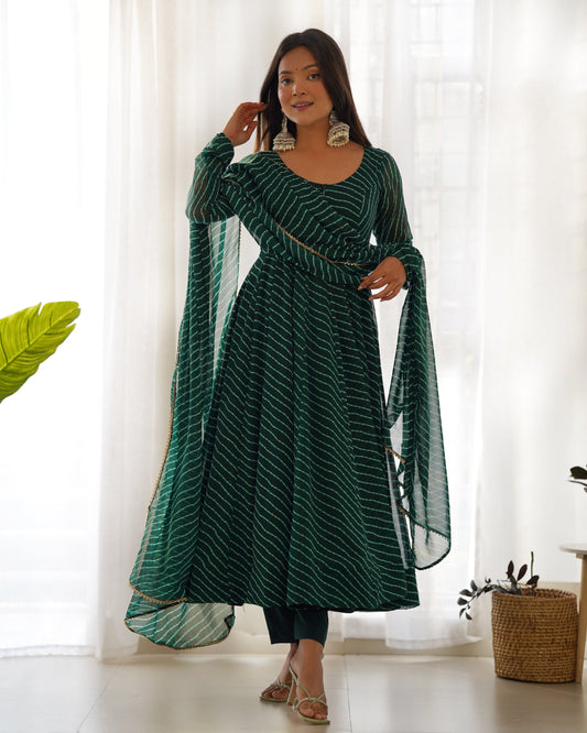 Lorenvalley Fashion Women Pure Soft Faux Georgette Laheriya Print Fully Flair Anarkali Kurta Pant With Dupatta Set - Green 