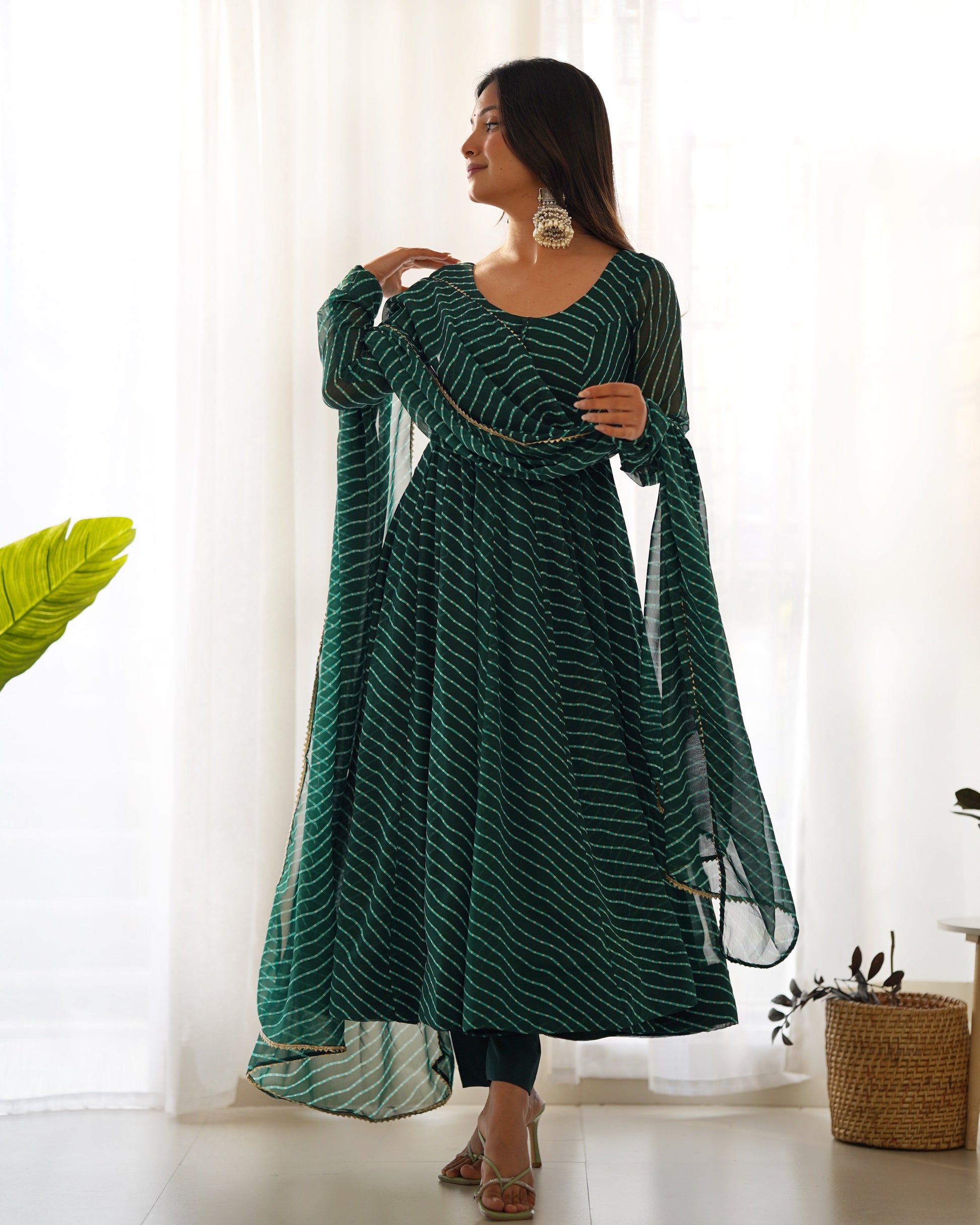 Lorenvalley Fashion Women Pure Soft Faux Georgette Laheriya Print Fully Flair Anarkali Kurta Pant With Dupatta Set - Green 