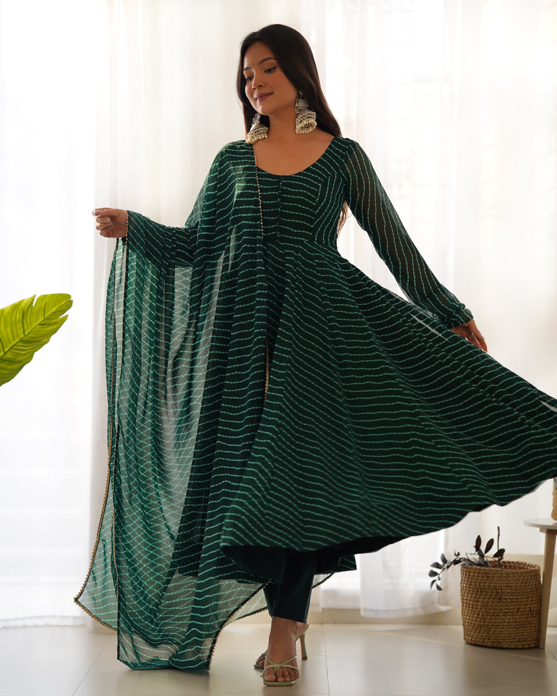 Lorenvalley Fashion Women Pure Soft Faux Georgette Laheriya Print Fully Flair Anarkali Kurta Pant With Dupatta Set - Green 