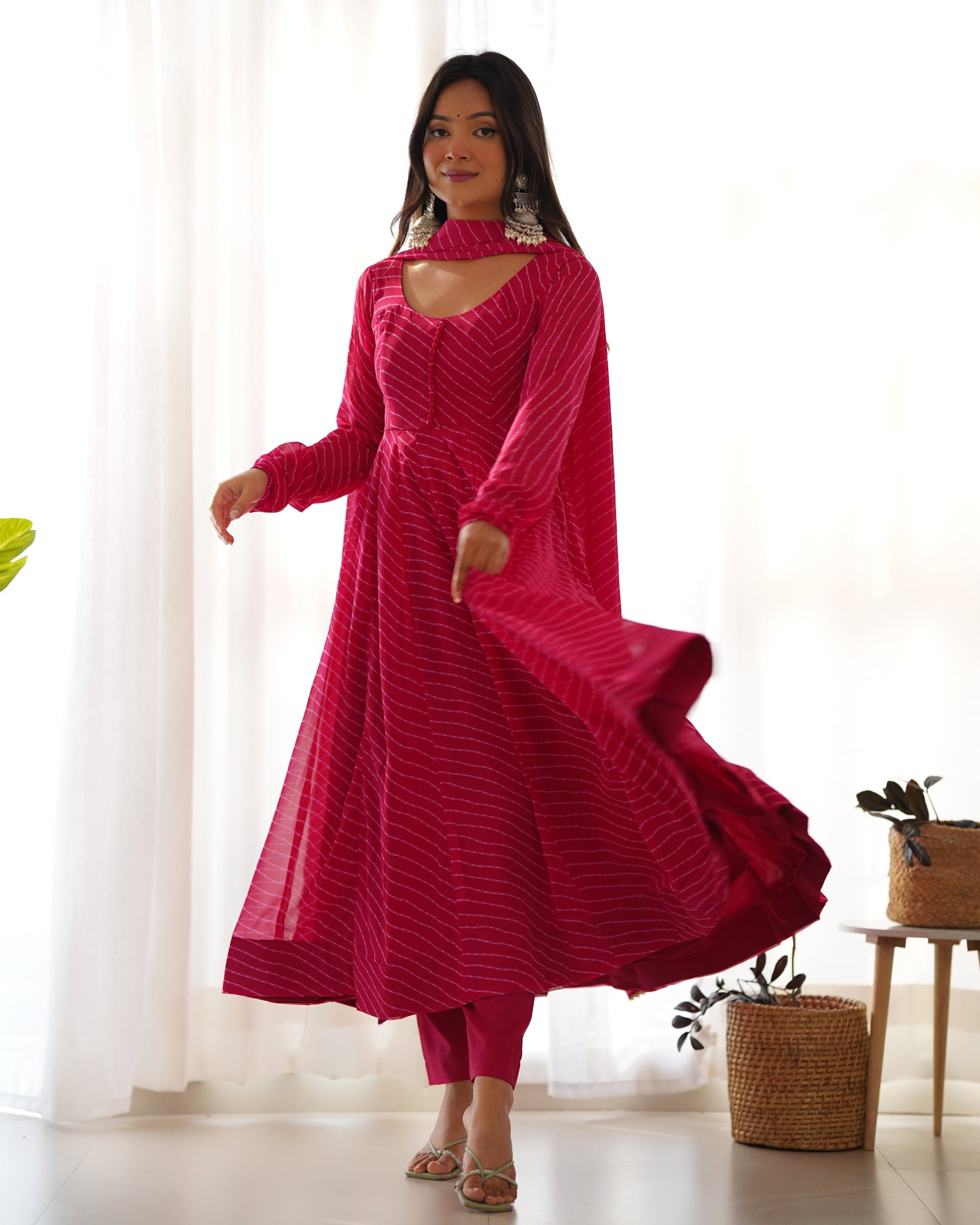 Lorenvalley Fashion Women Pure Soft Faux Georgette Laheriya Print Fully Flair Anarkali Kurta Pant With Dupatta Set - Magenta 