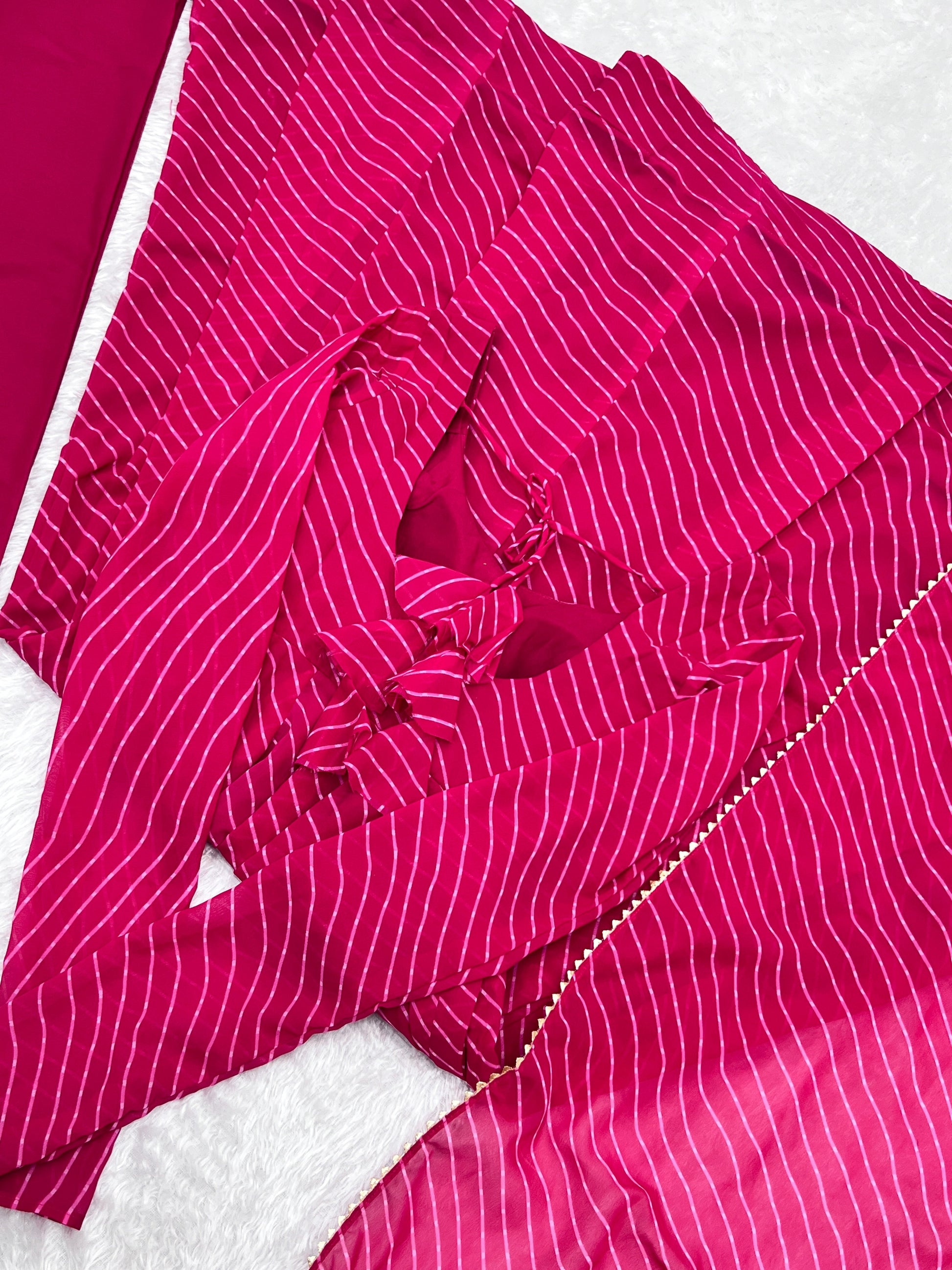 Lorenvalley Fashion Women Pure Soft Faux Georgette Laheriya Print Fully Flair Anarkali Kurta Pant With Dupatta Set - Magenta 