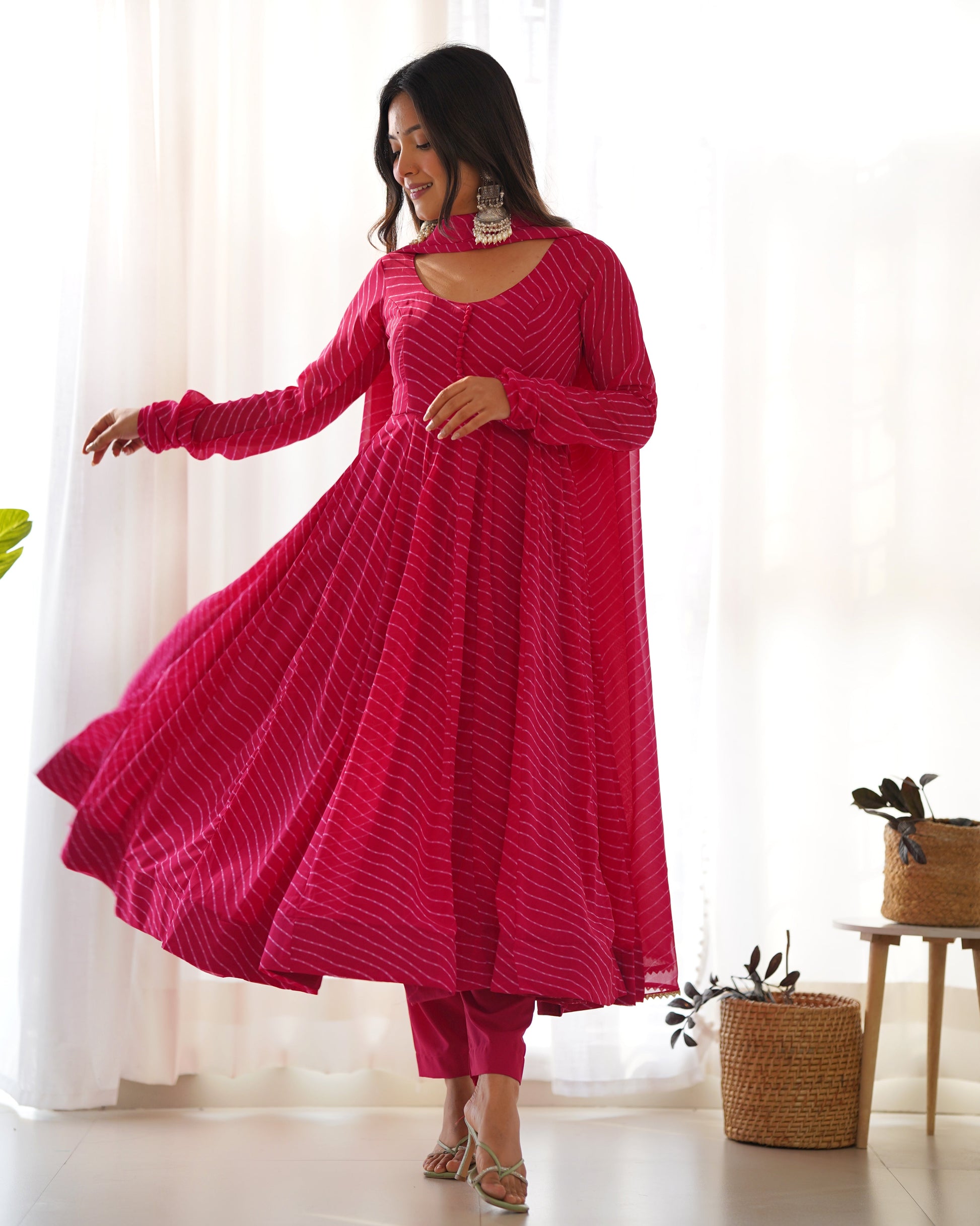 Lorenvalley Fashion Women Pure Soft Faux Georgette Laheriya Print Fully Flair Anarkali Kurta Pant With Dupatta Set - Magenta 