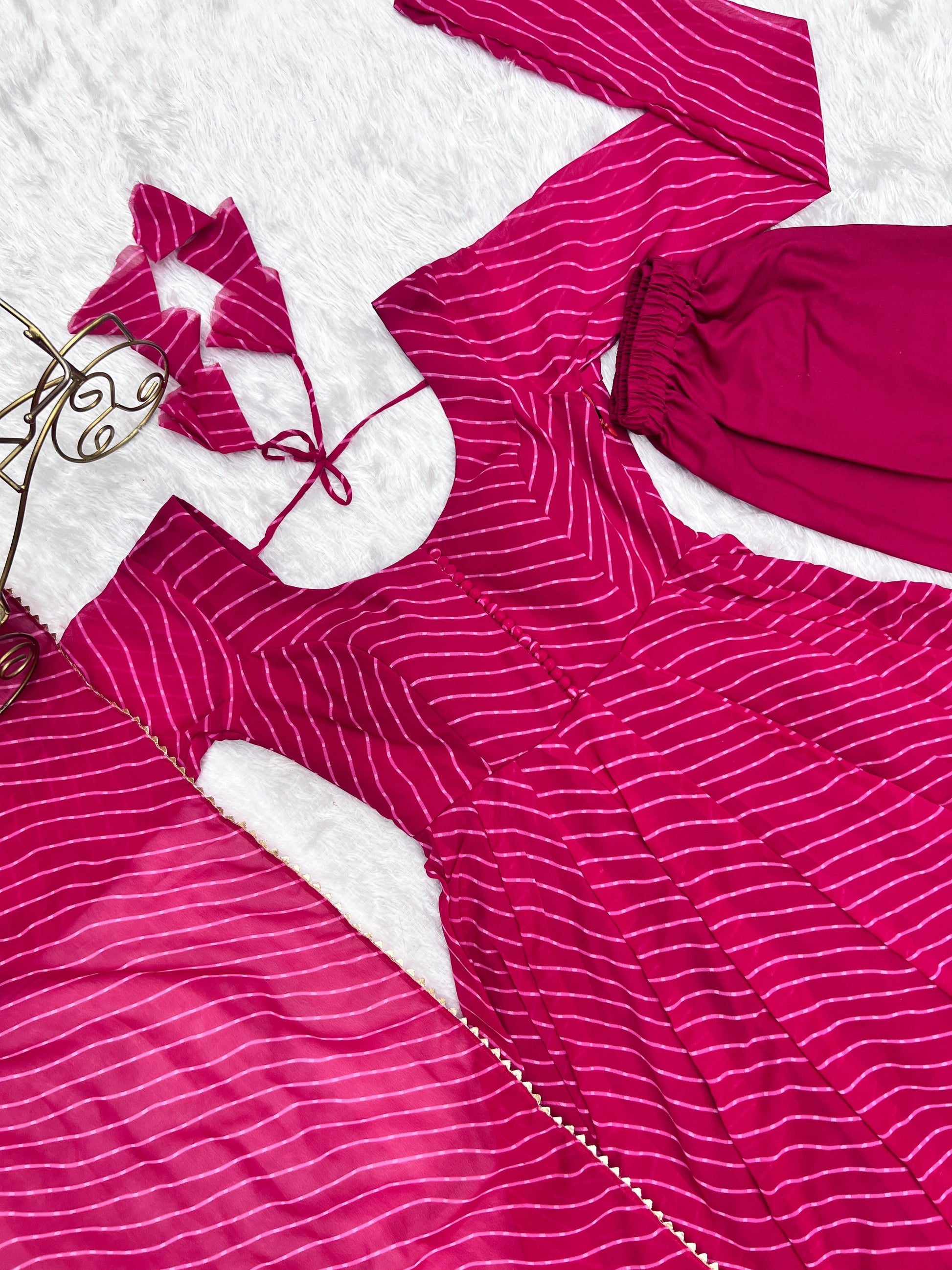Lorenvalley Fashion Women Pure Soft Faux Georgette Laheriya Print Fully Flair Anarkali Kurta Pant With Dupatta Set - Magenta 
