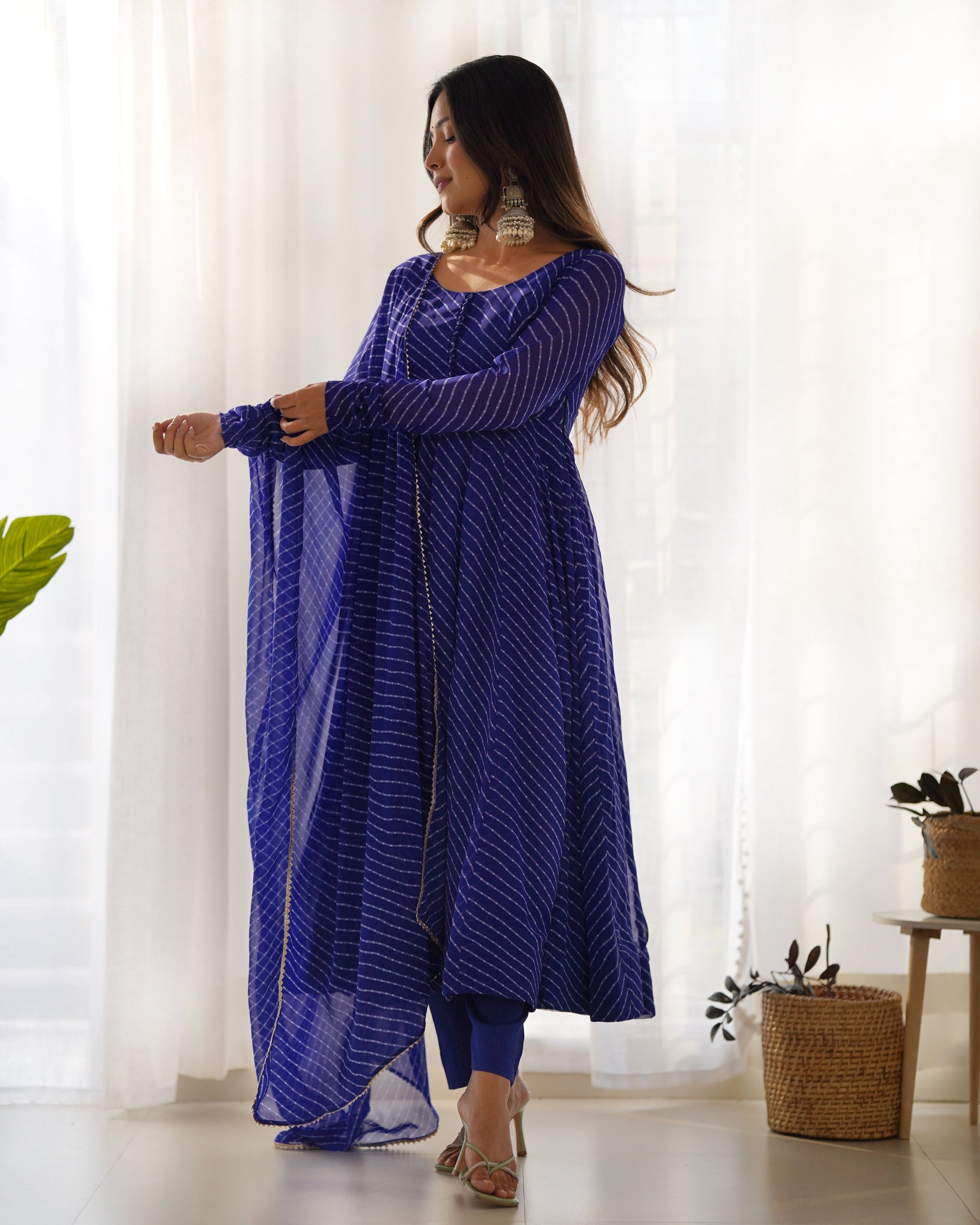 Lorenvalley Fashion Women Pure Soft Faux Georgette Laheriya Print Fully Flair Anarkali Kurta Pant With Dupatta Set - Blue 