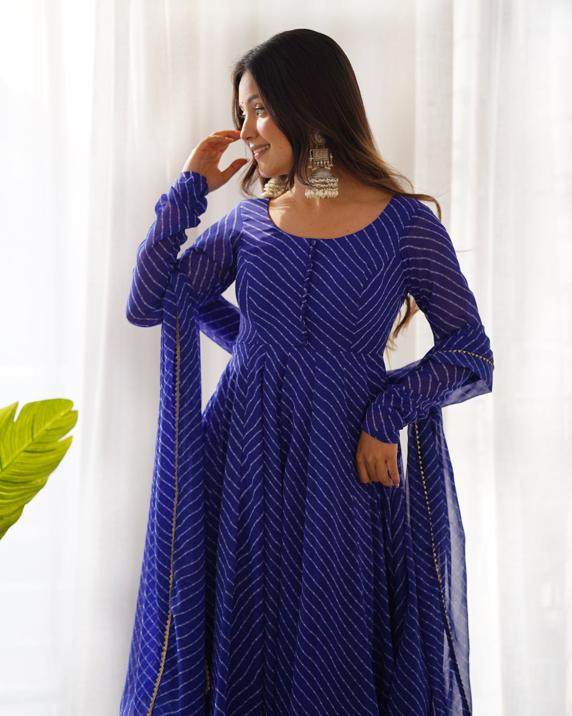 Lorenvalley Fashion Women Pure Soft Faux Georgette Laheriya Print Fully Flair Anarkali Kurta Pant With Dupatta Set - Blue 