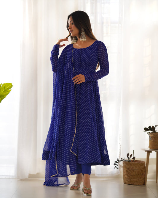 Lorenvalley Fashion Women Pure Soft Faux Georgette Laheriya Print Fully Flair Anarkali Kurta Pant With Dupatta Set - Blue 