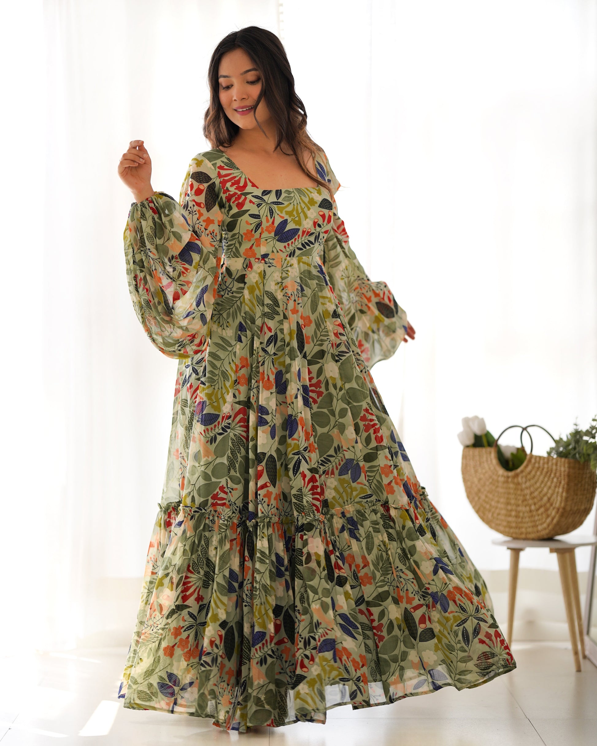 Lorenvalley Women Pure Soft Faux Georgette Floral Print Anarkali Gown - Seagreen 
