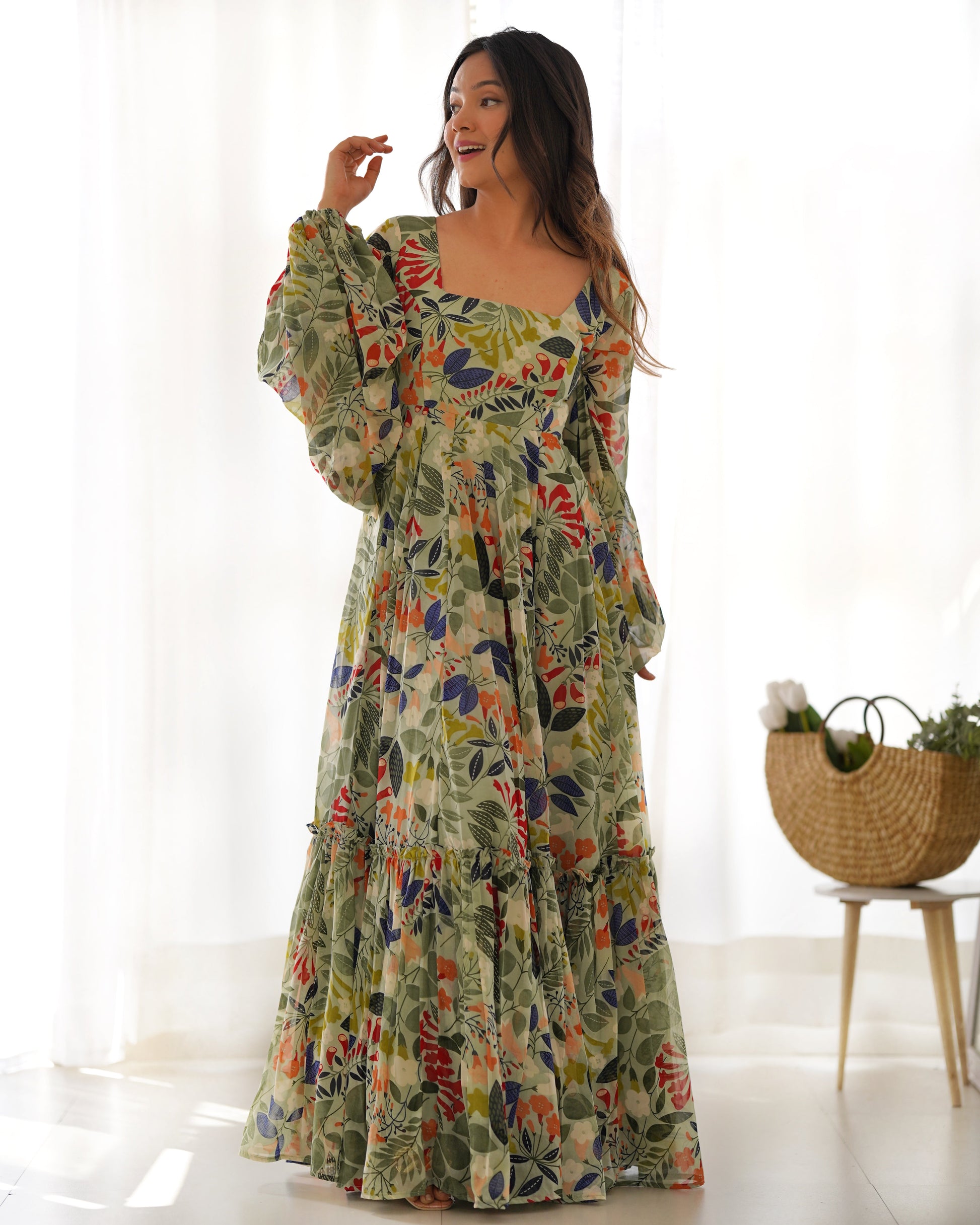 Lorenvalley Women Pure Soft Faux Georgette Floral Print Anarkali Gown - Seagreen 