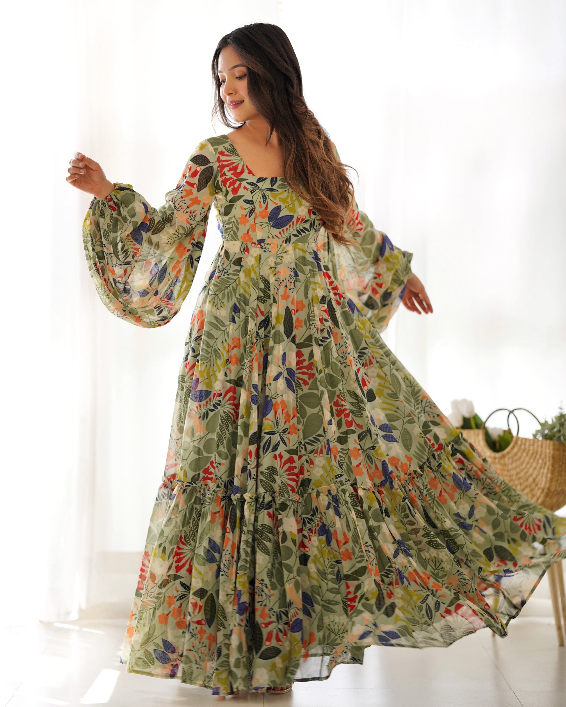 Lorenvalley Women Pure Soft Faux Georgette Floral Print Anarkali Gown - Seagreen 