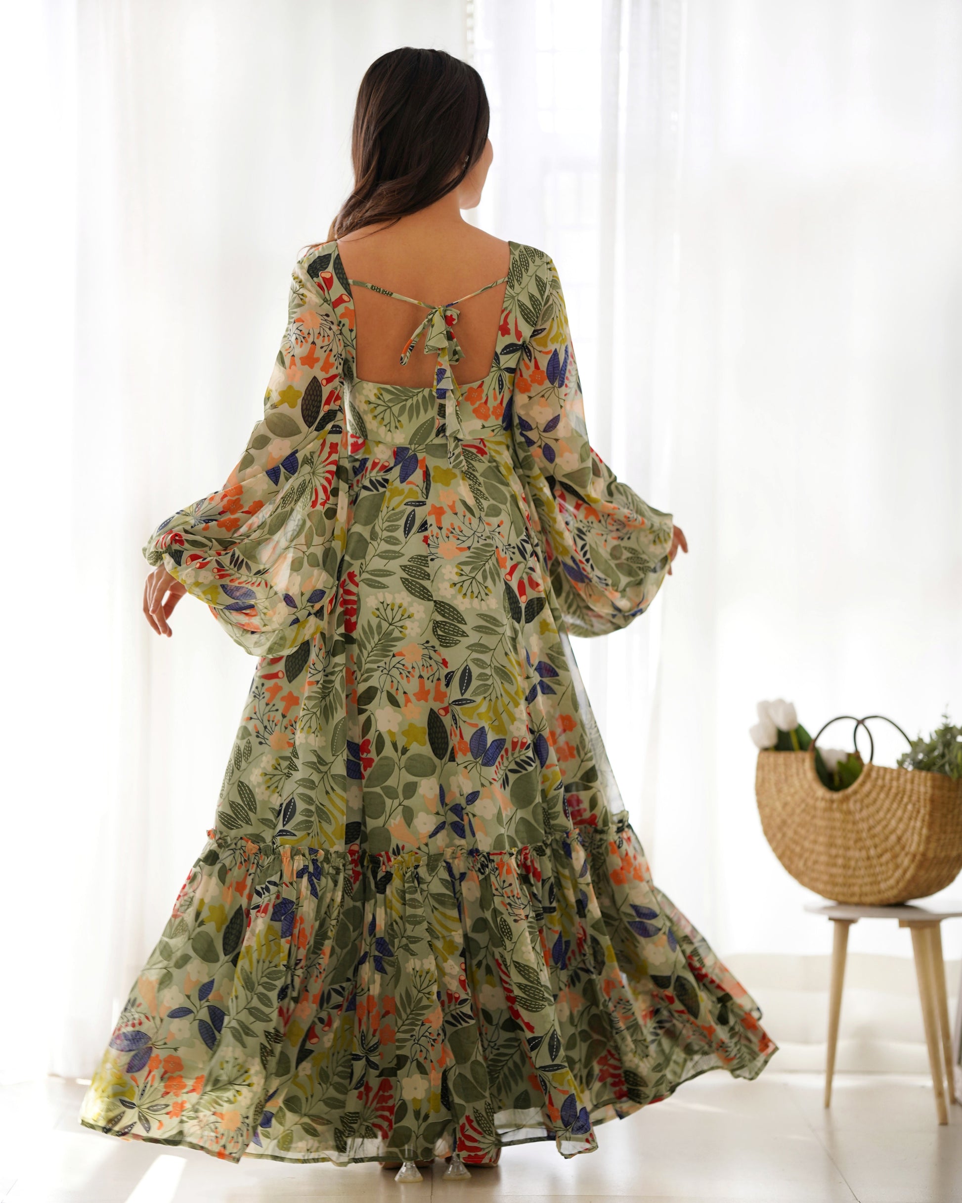 Lorenvalley Women Pure Soft Faux Georgette Floral Print Anarkali Gown - Seagreen 