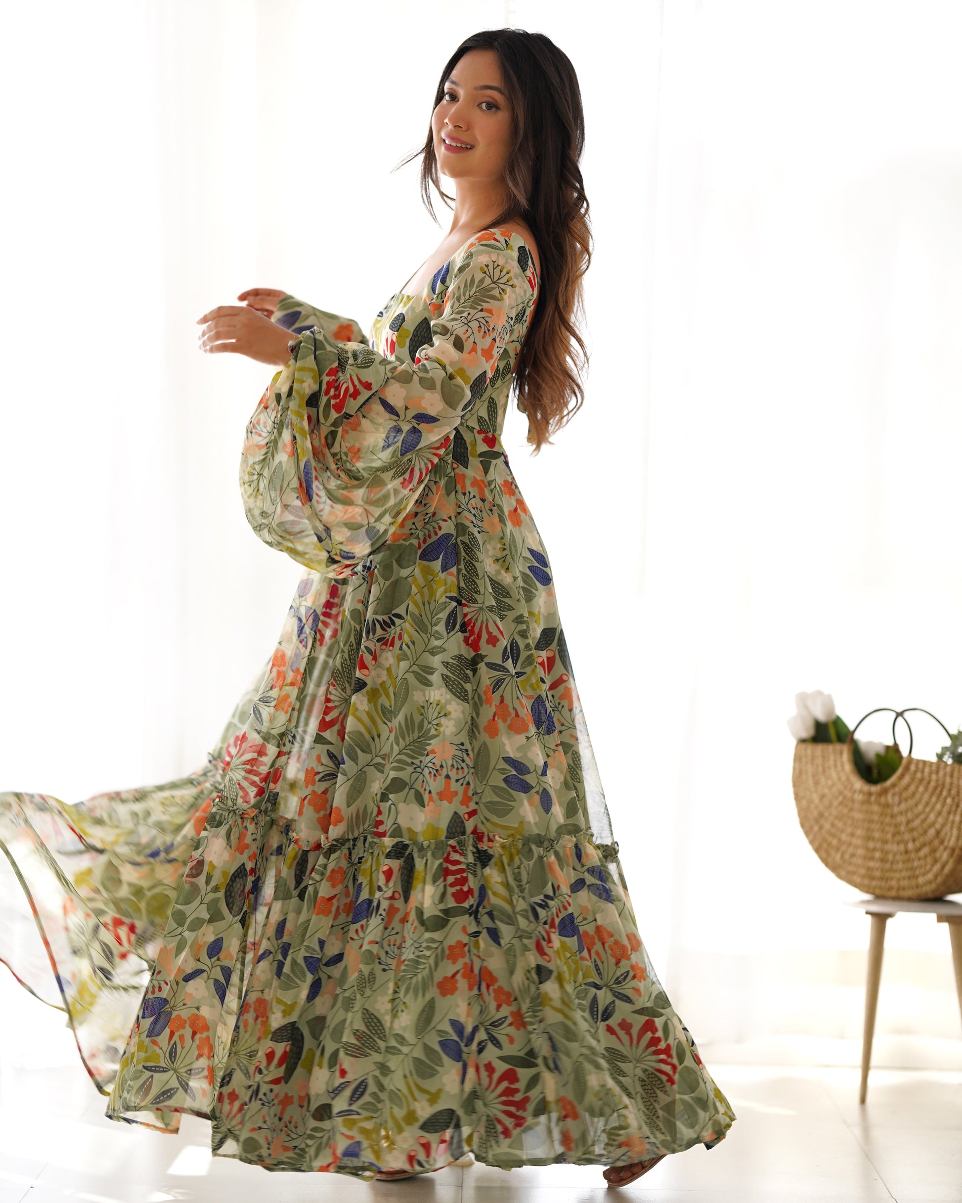 Lorenvalley Women Pure Soft Faux Georgette Floral Print Anarkali Gown - Seagreen 