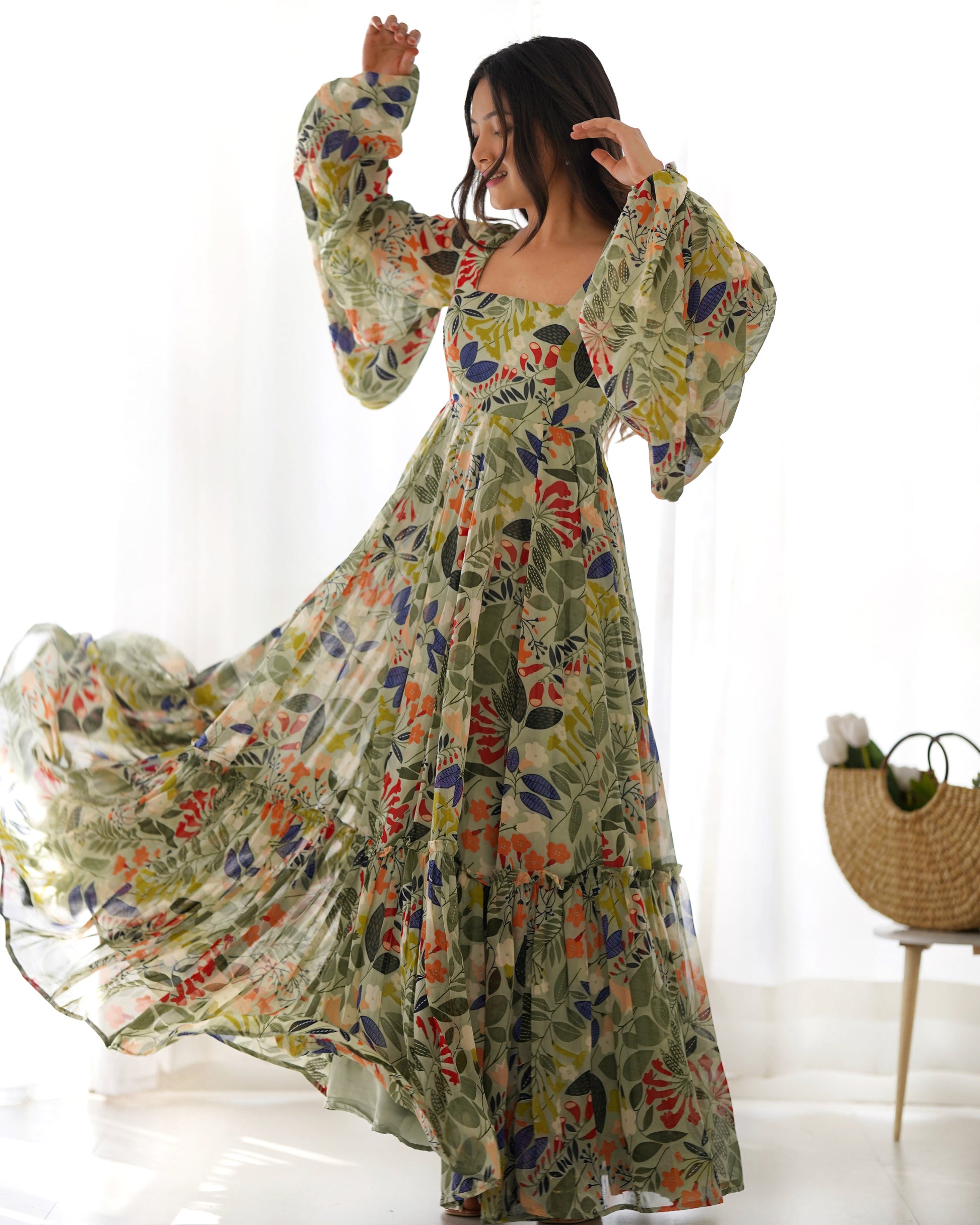 Lorenvalley Women Pure Soft Faux Georgette Floral Print Anarkali Gown - Seagreen 