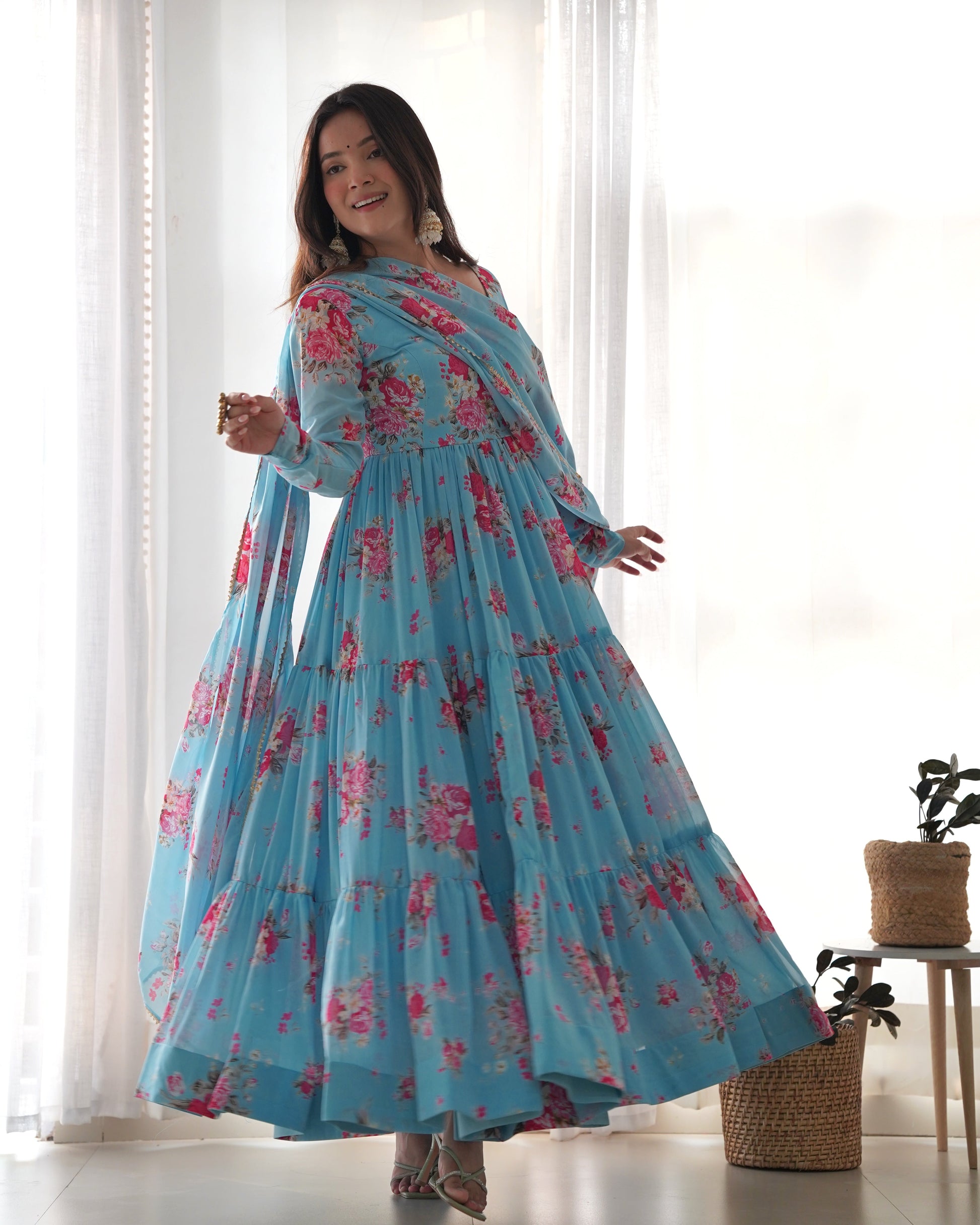 Lorenvalley Fashion Women Pure Soft Faux Georgette Floral Print Fully Flair Anarkali Kurta Pant With Dupatta Set - Skyblue 