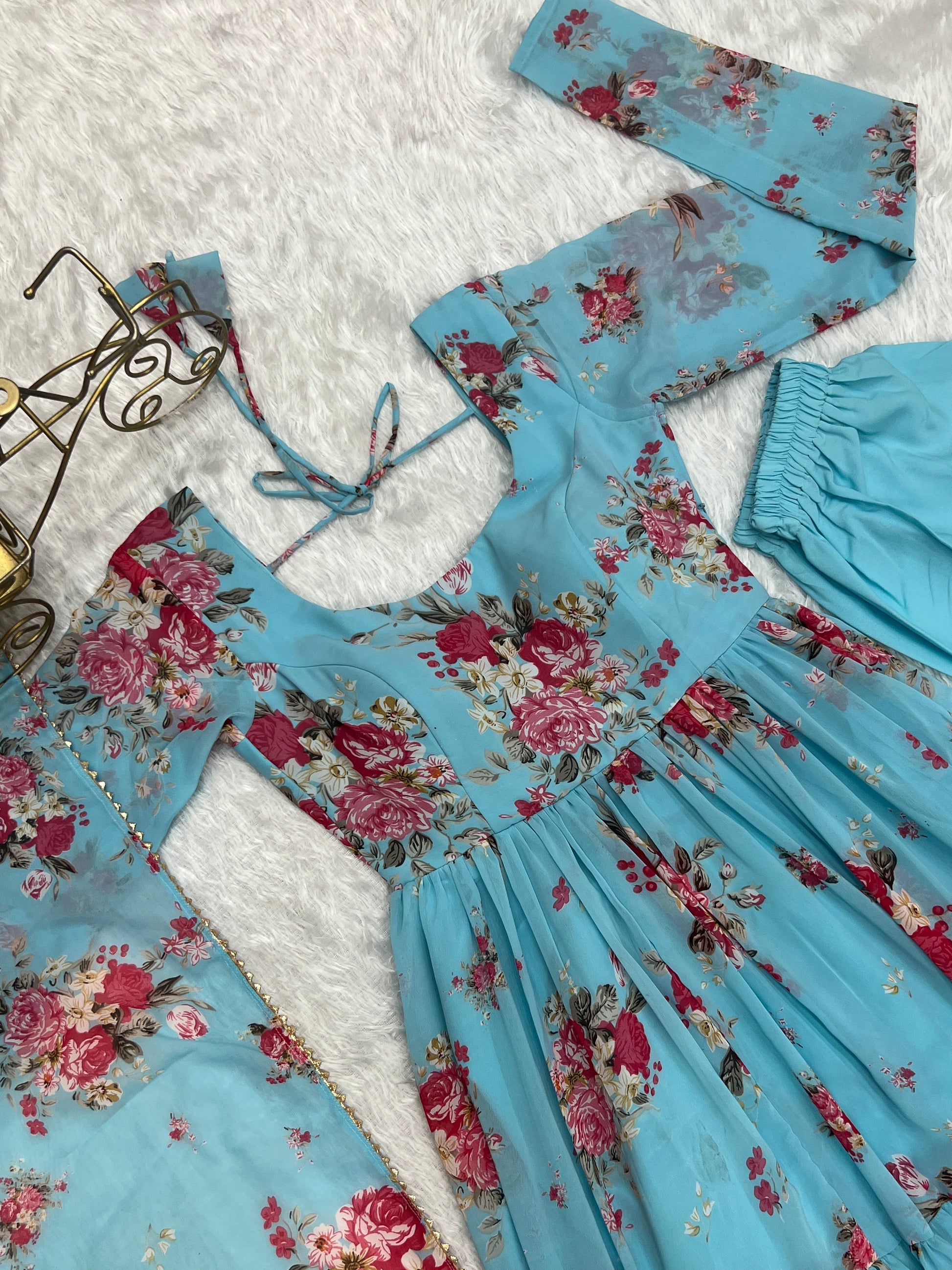 Lorenvalley Fashion Women Pure Soft Faux Georgette Floral Print Fully Flair Anarkali Kurta Pant With Dupatta Set - Skyblue 
