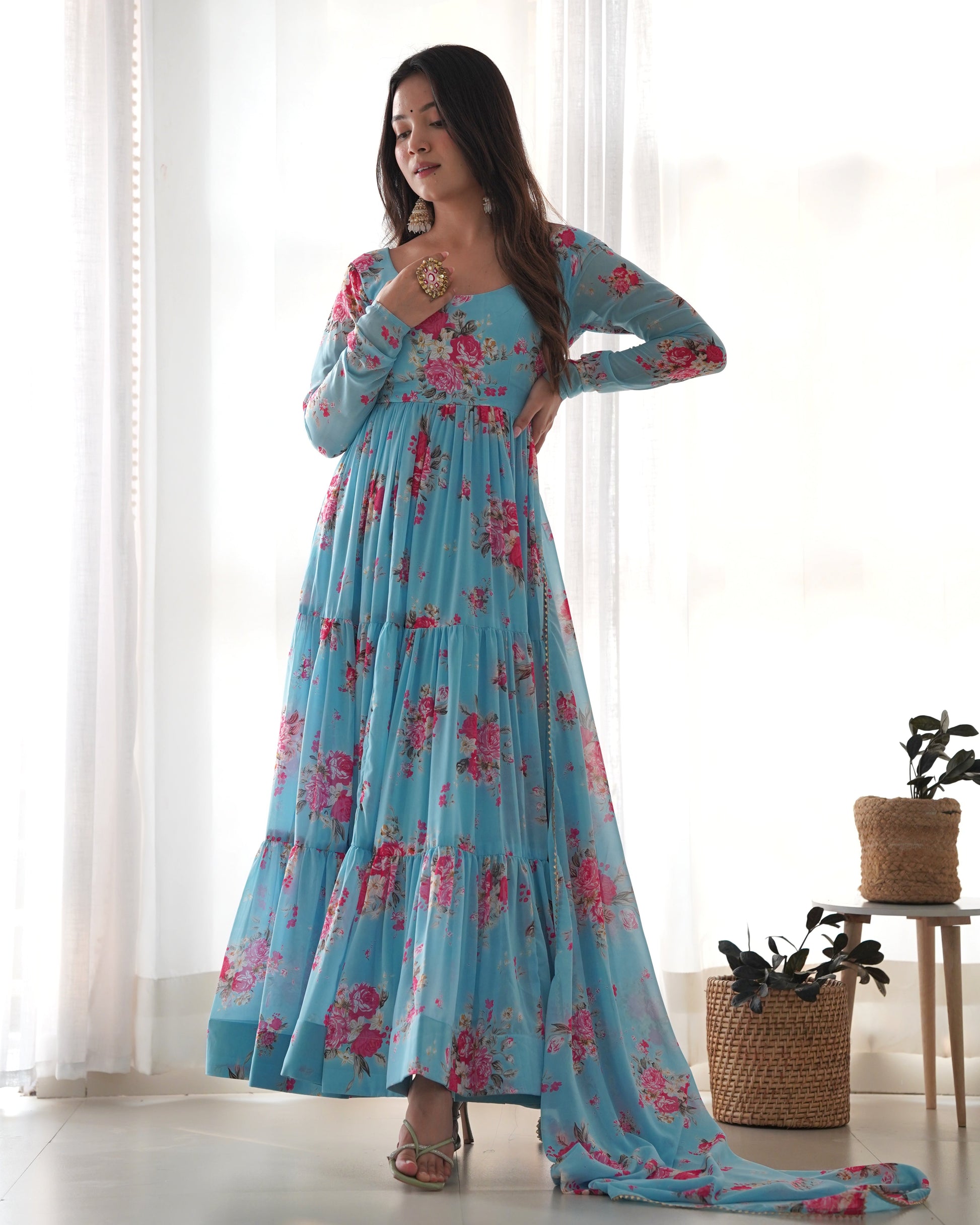 Lorenvalley Fashion Women Pure Soft Faux Georgette Floral Print Fully Flair Anarkali Kurta Pant With Dupatta Set - Skyblue 
