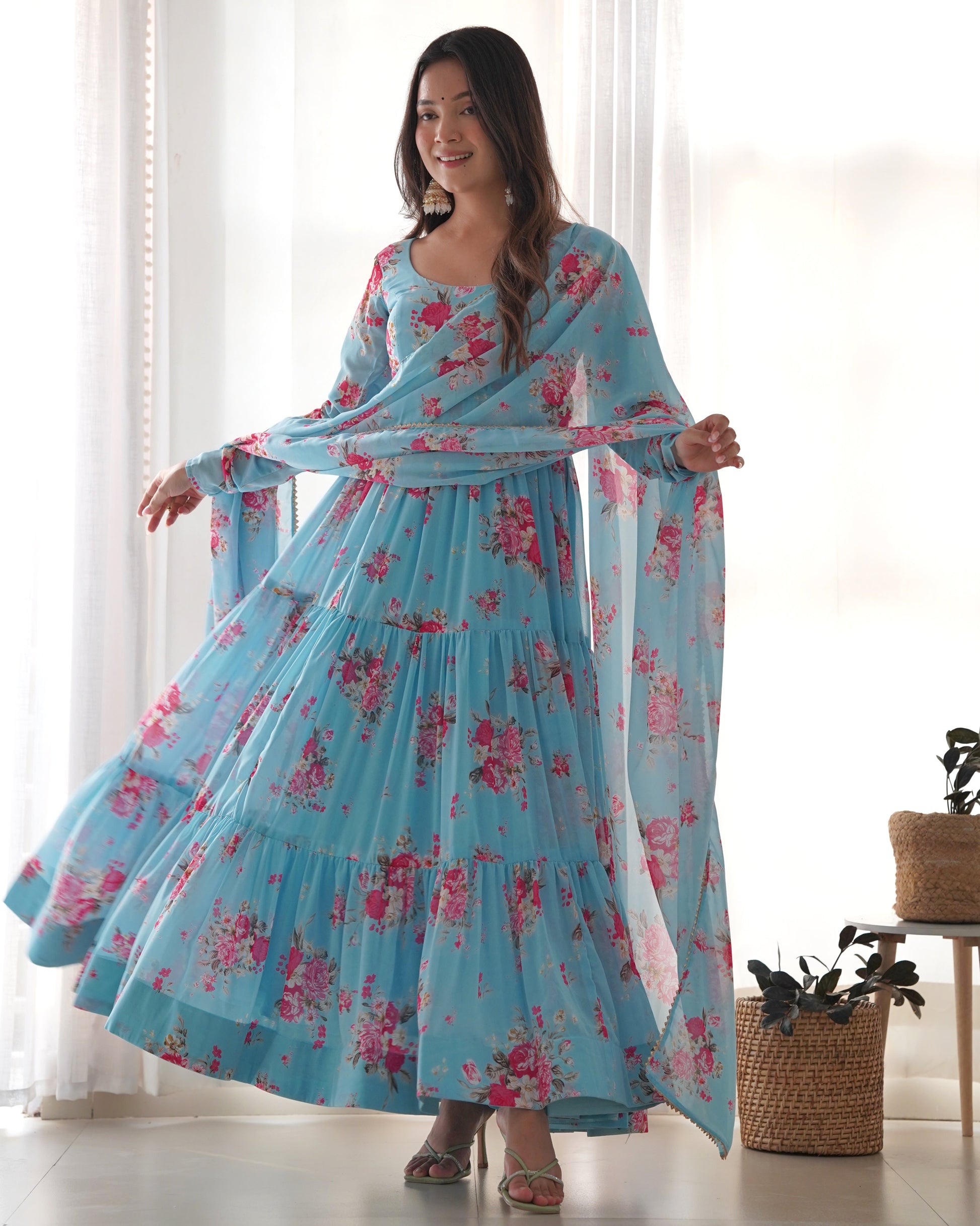 Lorenvalley Fashion Women Pure Soft Faux Georgette Floral Print Fully Flair Anarkali Kurta Pant With Dupatta Set - Skyblue 