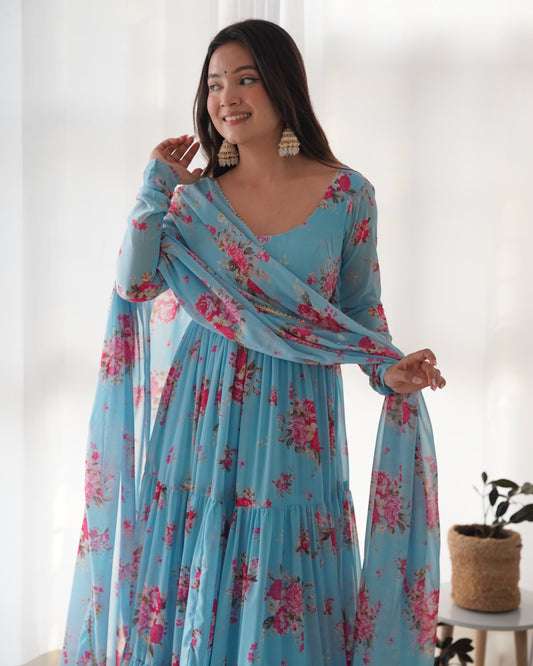 Lorenvalley Fashion Women Pure Soft Faux Georgette Floral Print Fully Flair Anarkali Kurta Pant With Dupatta Set - Skyblue 