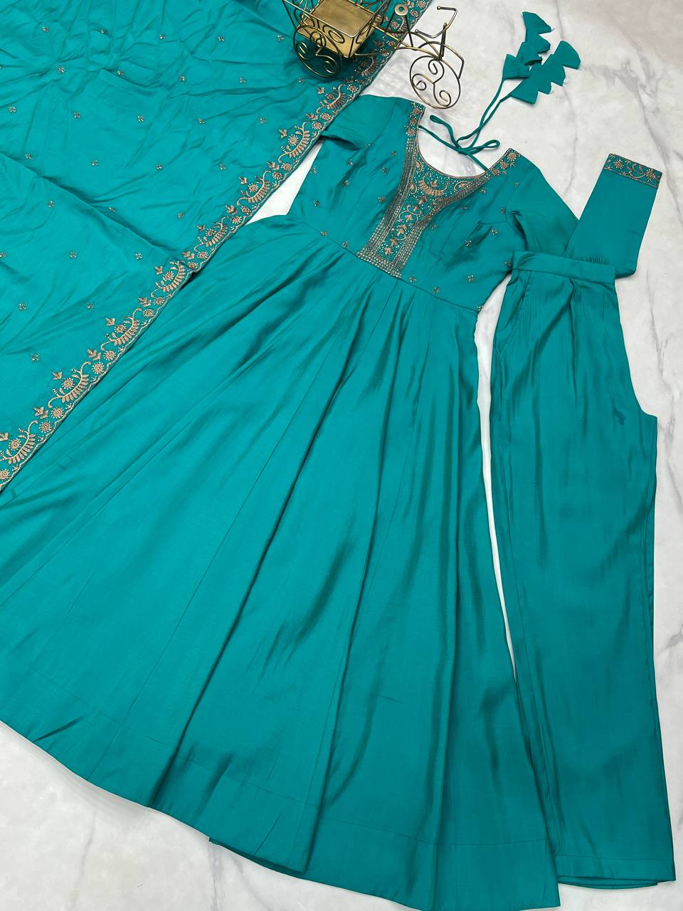 Evanik Rama Pure Roman Shimmer Chanderi With Beads Work Wedding Anarkali Suit