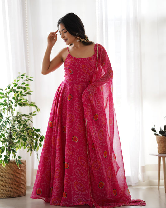 Lorenvalley Women Soft Chiffon Bandhej Fabric Print Fully Flair Anarkali With Pant Dupatta Set - Magenta 