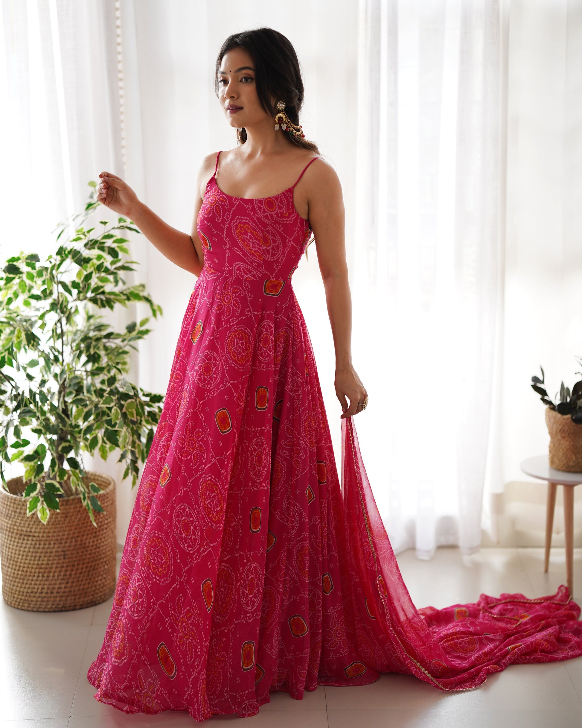 Lorenvalley Women Soft Chiffon Bandhej Fabric Print Fully Flair Anarkali With Pant Dupatta Set - Magenta 