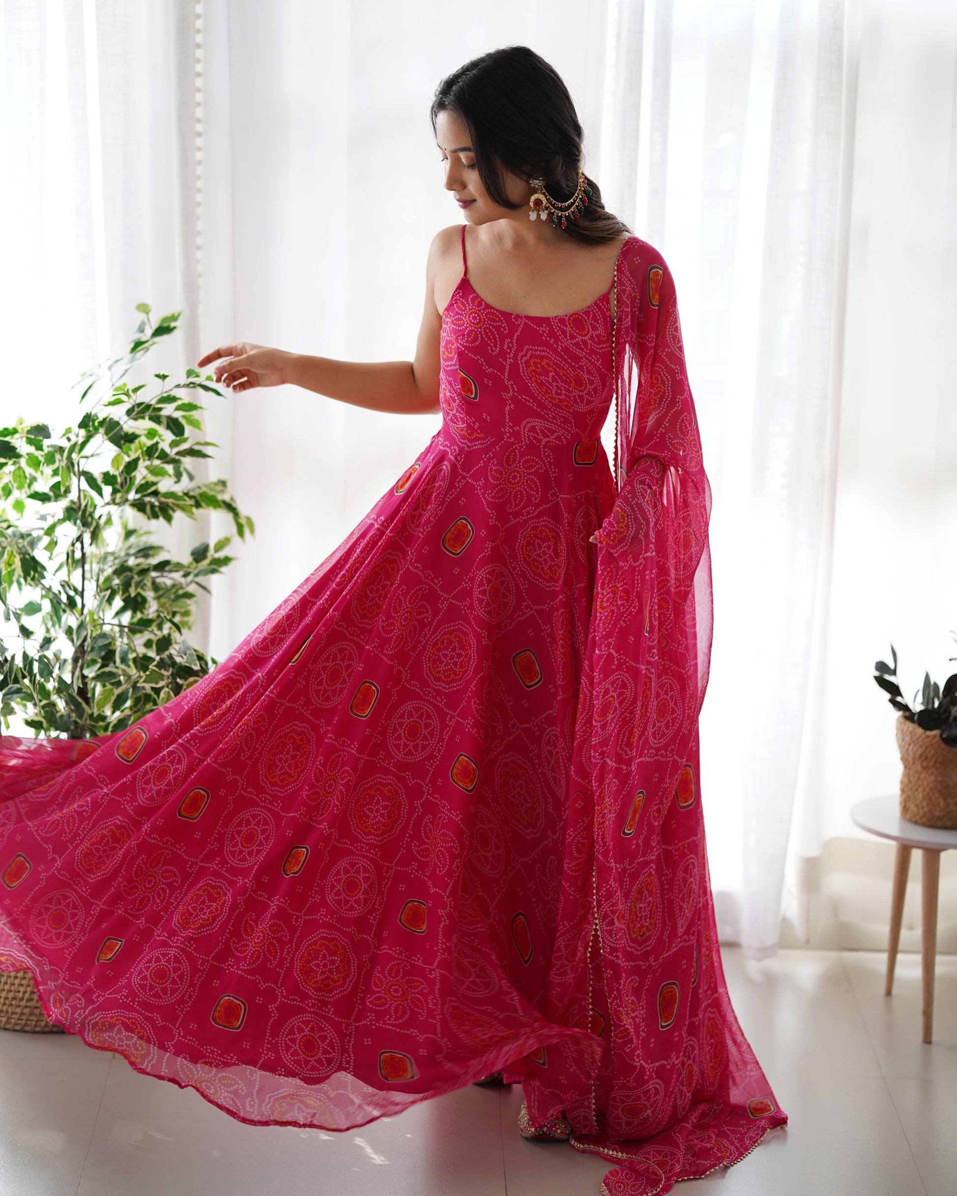 Lorenvalley Women Soft Chiffon Bandhej Fabric Print Fully Flair Anarkali With Pant Dupatta Set - Magenta 