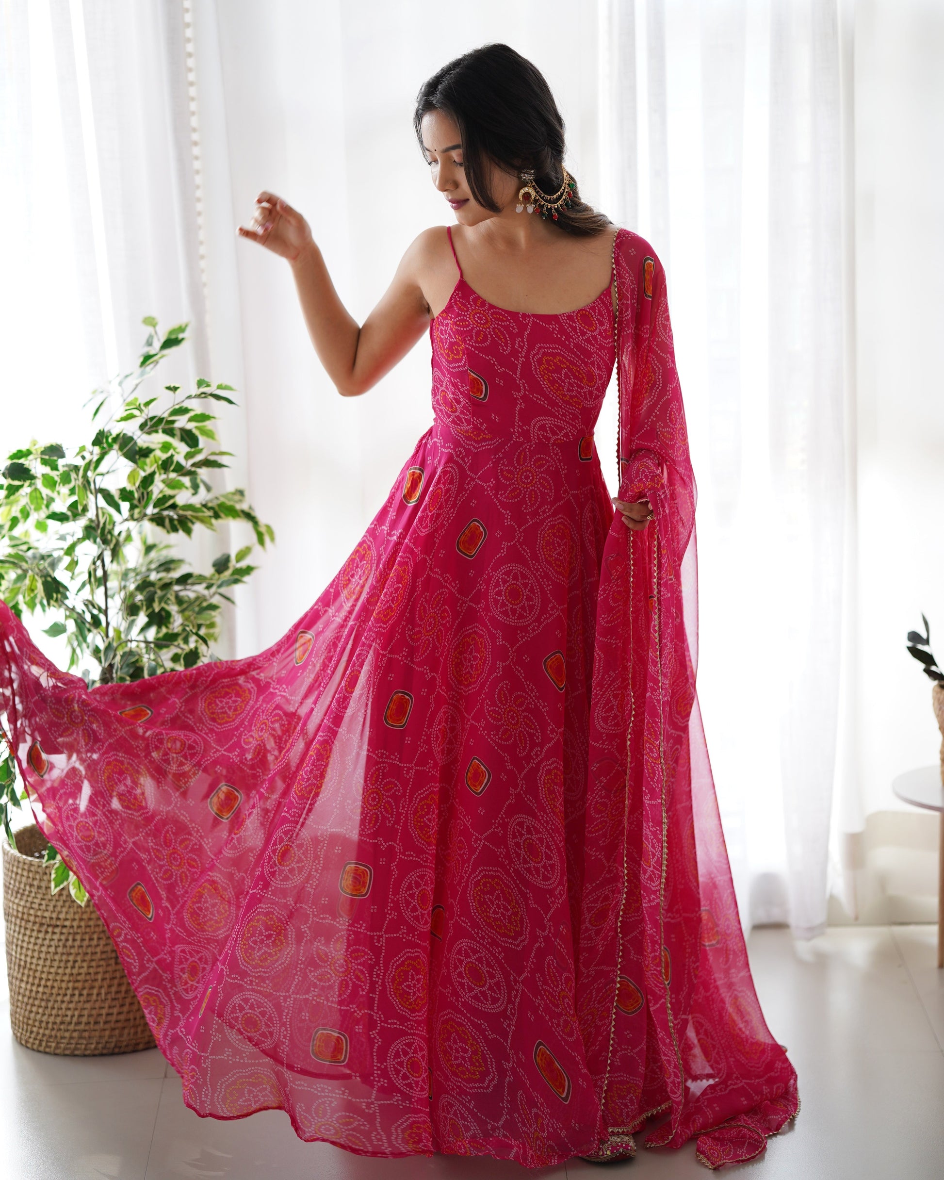 Lorenvalley Women Soft Chiffon Bandhej Fabric Print Fully Flair Anarkali With Pant Dupatta Set - Magenta 