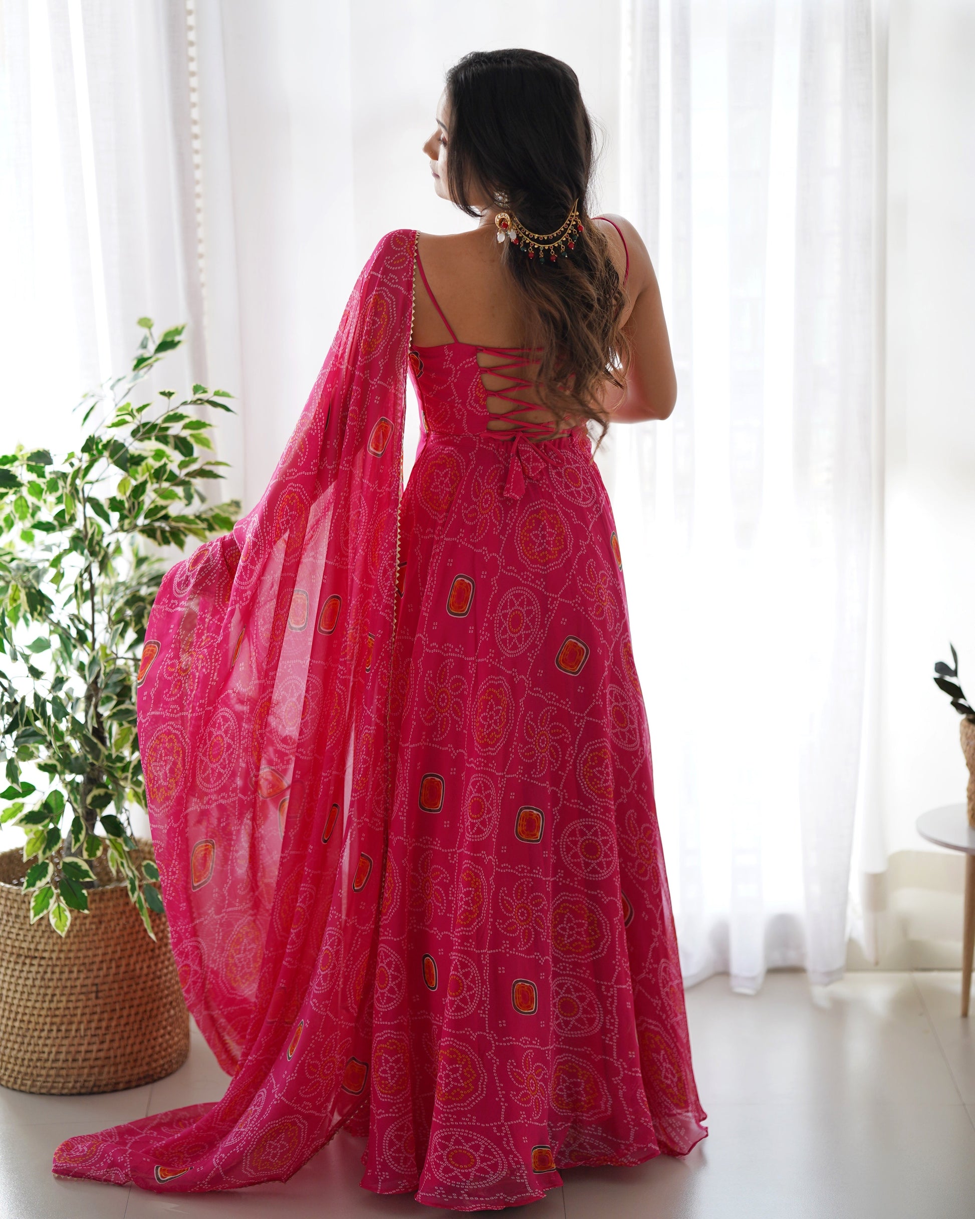 Lorenvalley Women Soft Chiffon Bandhej Fabric Print Fully Flair Anarkali With Pant Dupatta Set - Magenta 