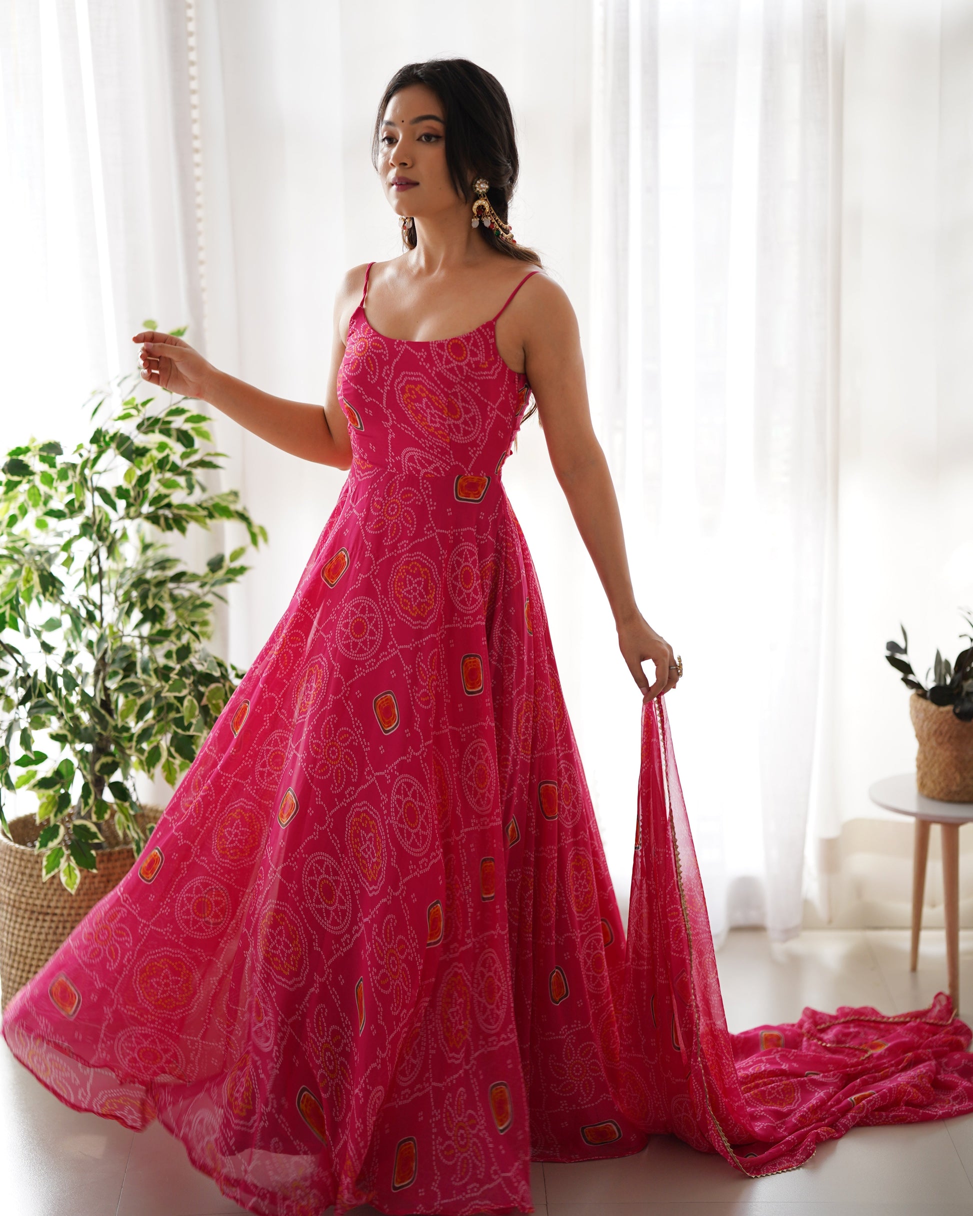 Lorenvalley Women Soft Chiffon Bandhej Fabric Print Fully Flair Anarkali With Pant Dupatta Set - Magenta 