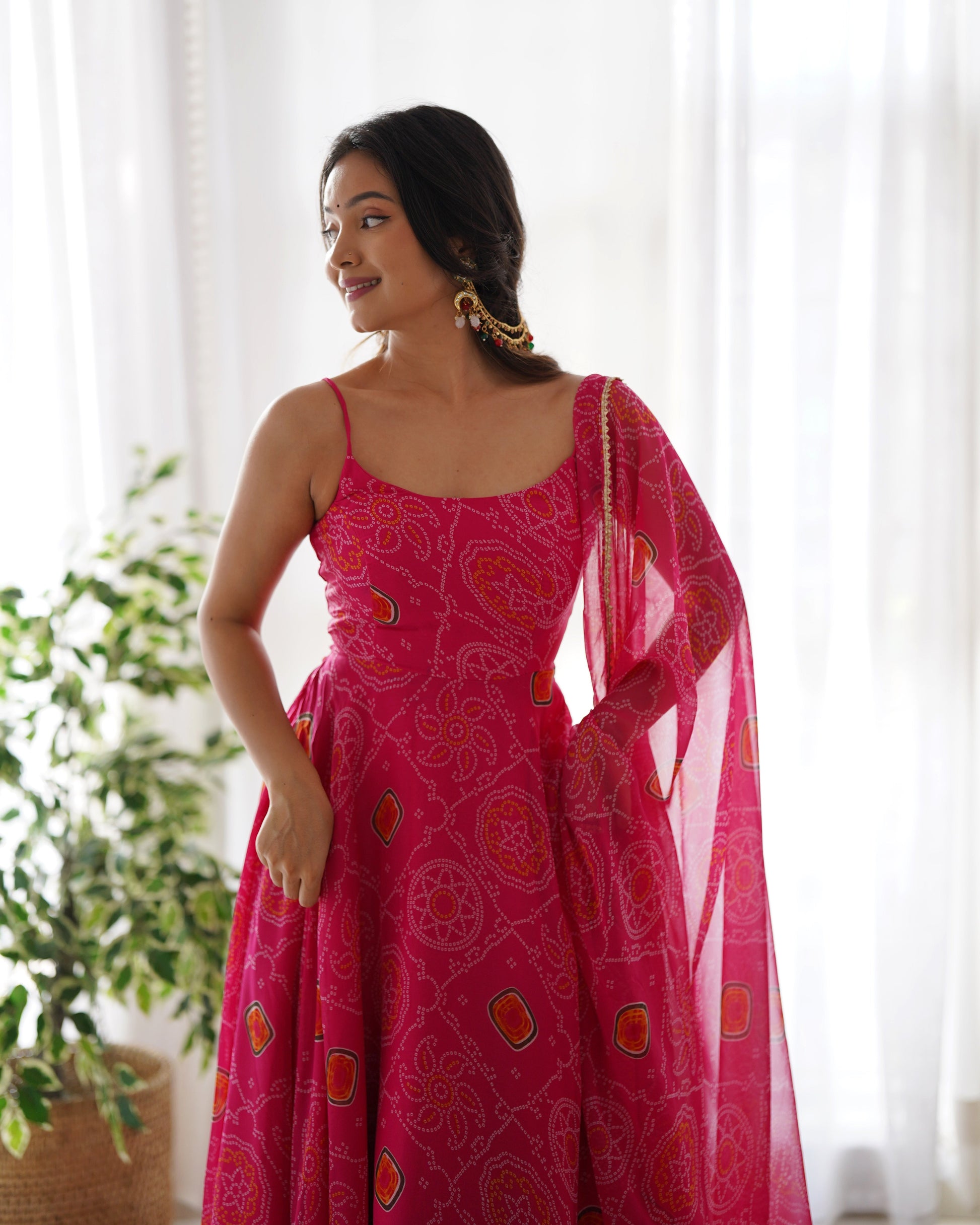 Lorenvalley Women Soft Chiffon Bandhej Fabric Print Fully Flair Anarkali With Pant Dupatta Set - Magenta 
