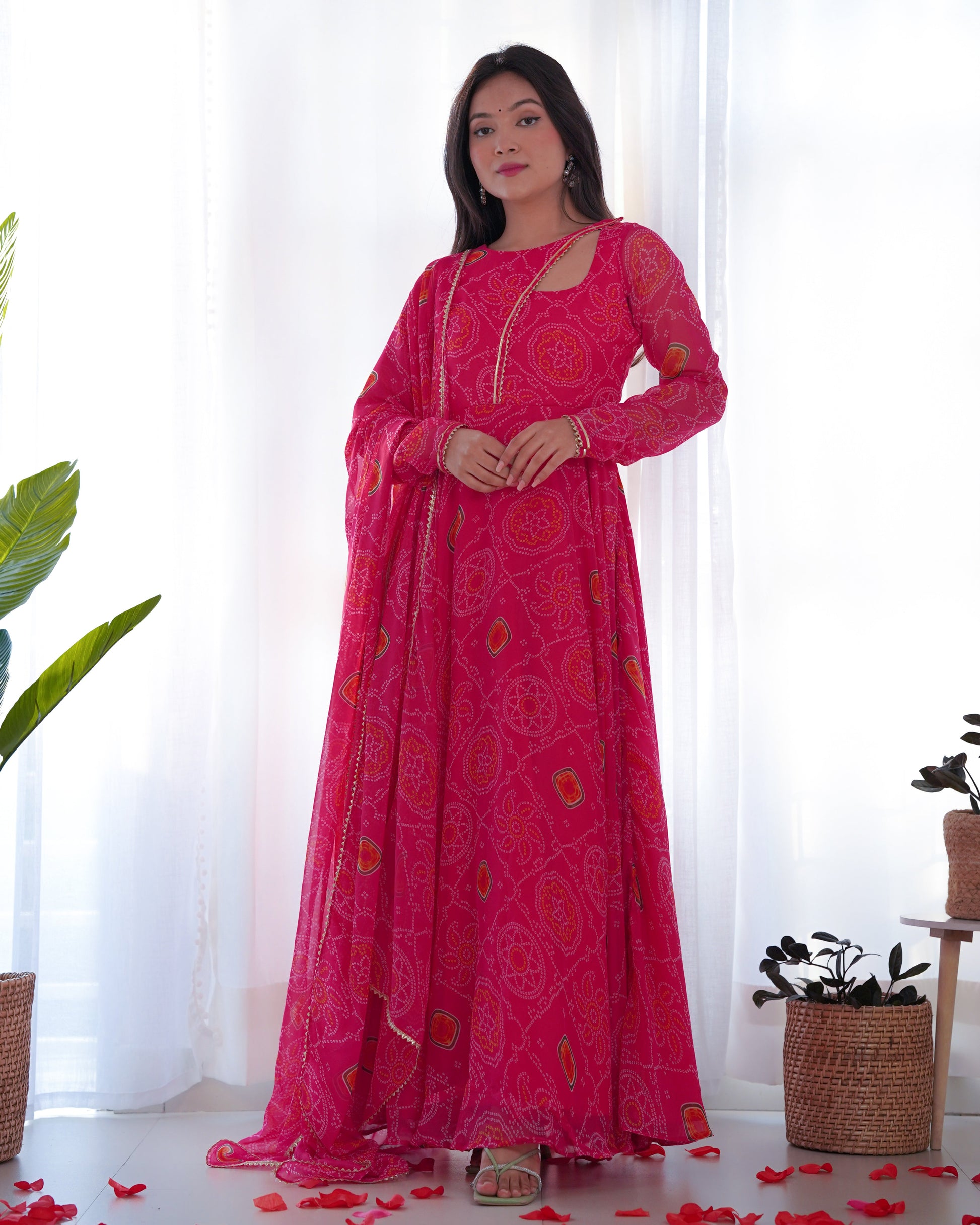 Lorenvalley Women Soft Chiffon Bandhej Fabric Print Fully Flair Anarkali With Pant Dupatta Set - Magenta