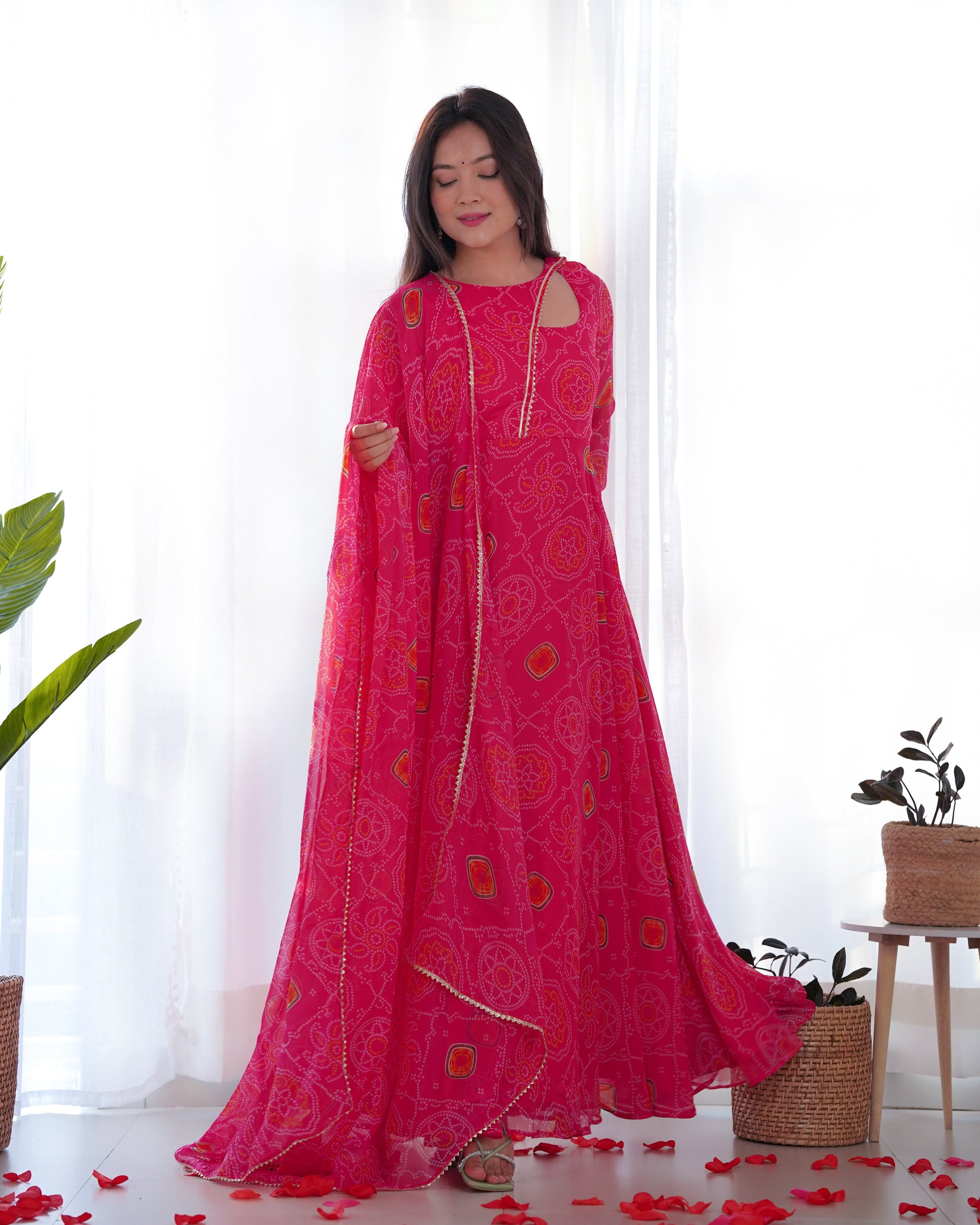 Lorenvalley Women Soft Chiffon Bandhej Fabric Print Fully Flair Anarkali With Pant Dupatta Set - Magenta