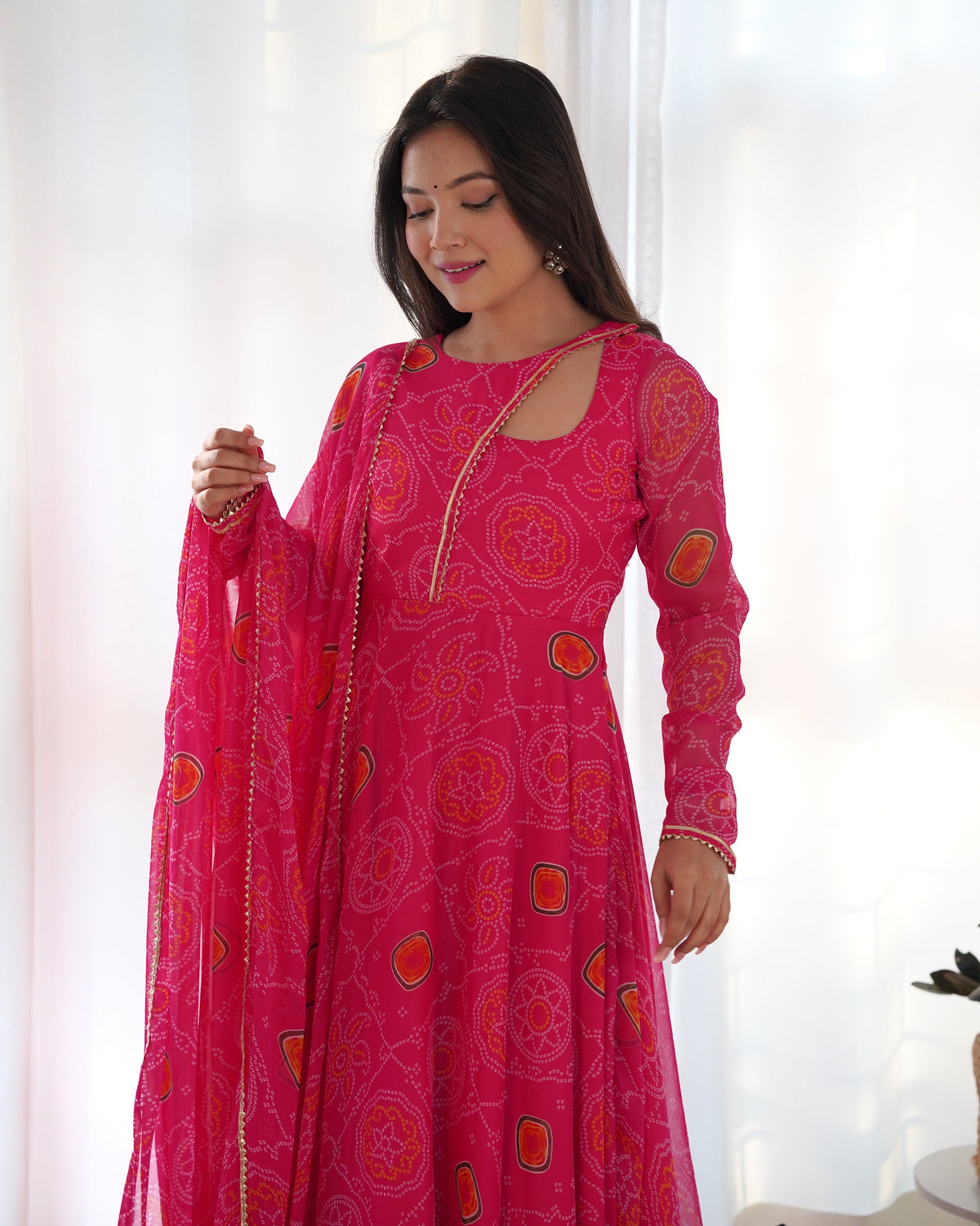 Lorenvalley Women Soft Chiffon Bandhej Fabric Print Fully Flair Anarkali With Pant Dupatta Set - Magenta