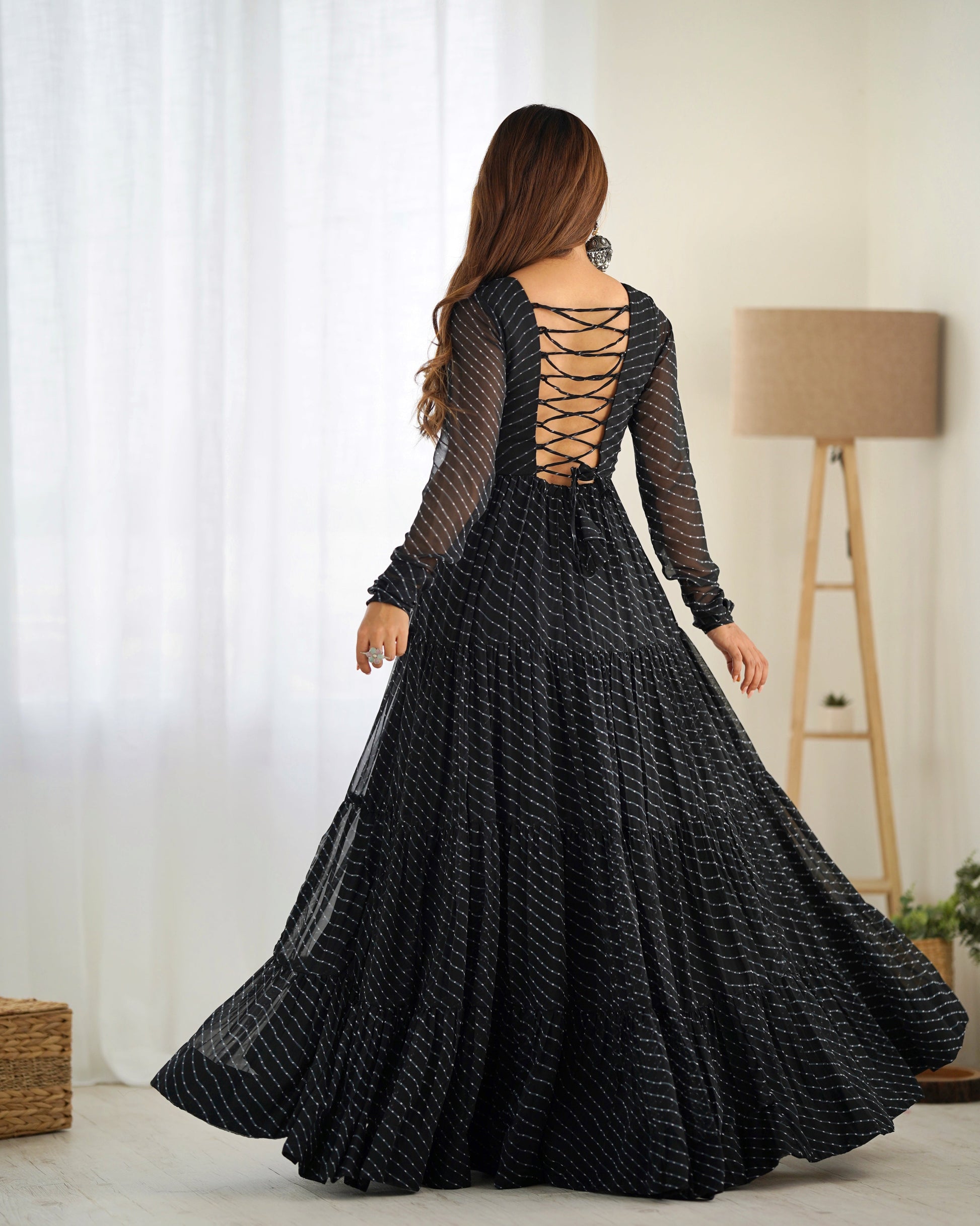 Lorenvalley Women Pure Soft Faux Georgette Leheriya Print Anarkali Gown - Black 