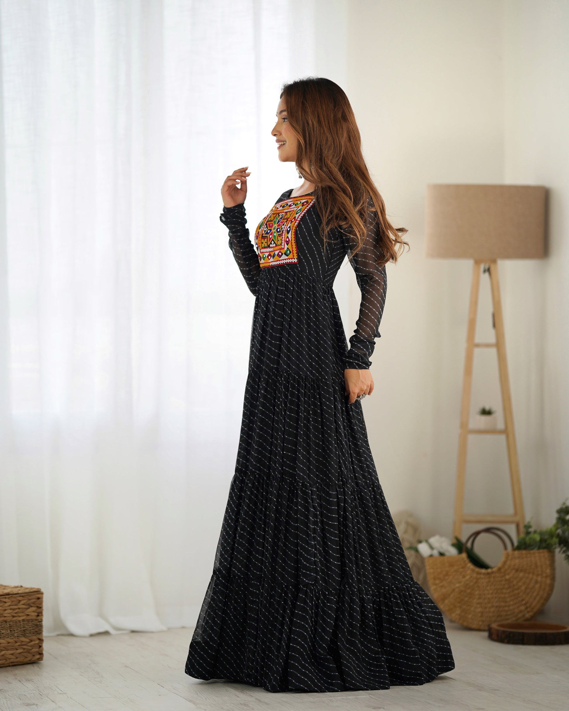 Lorenvalley Women Pure Soft Faux Georgette Leheriya Print Anarkali Gown - Black 