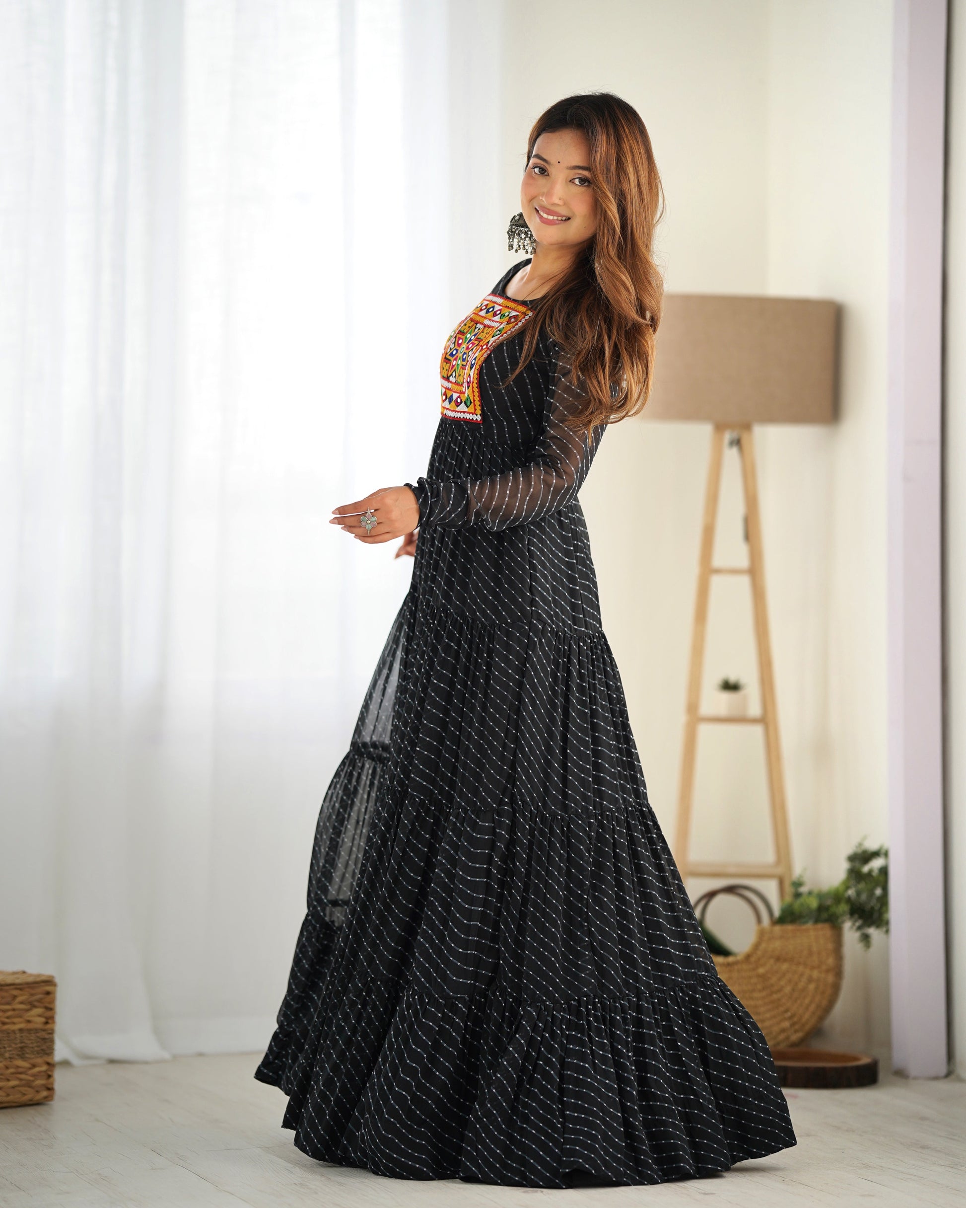 Lorenvalley Women Pure Soft Faux Georgette Leheriya Print Anarkali Gown - Black 