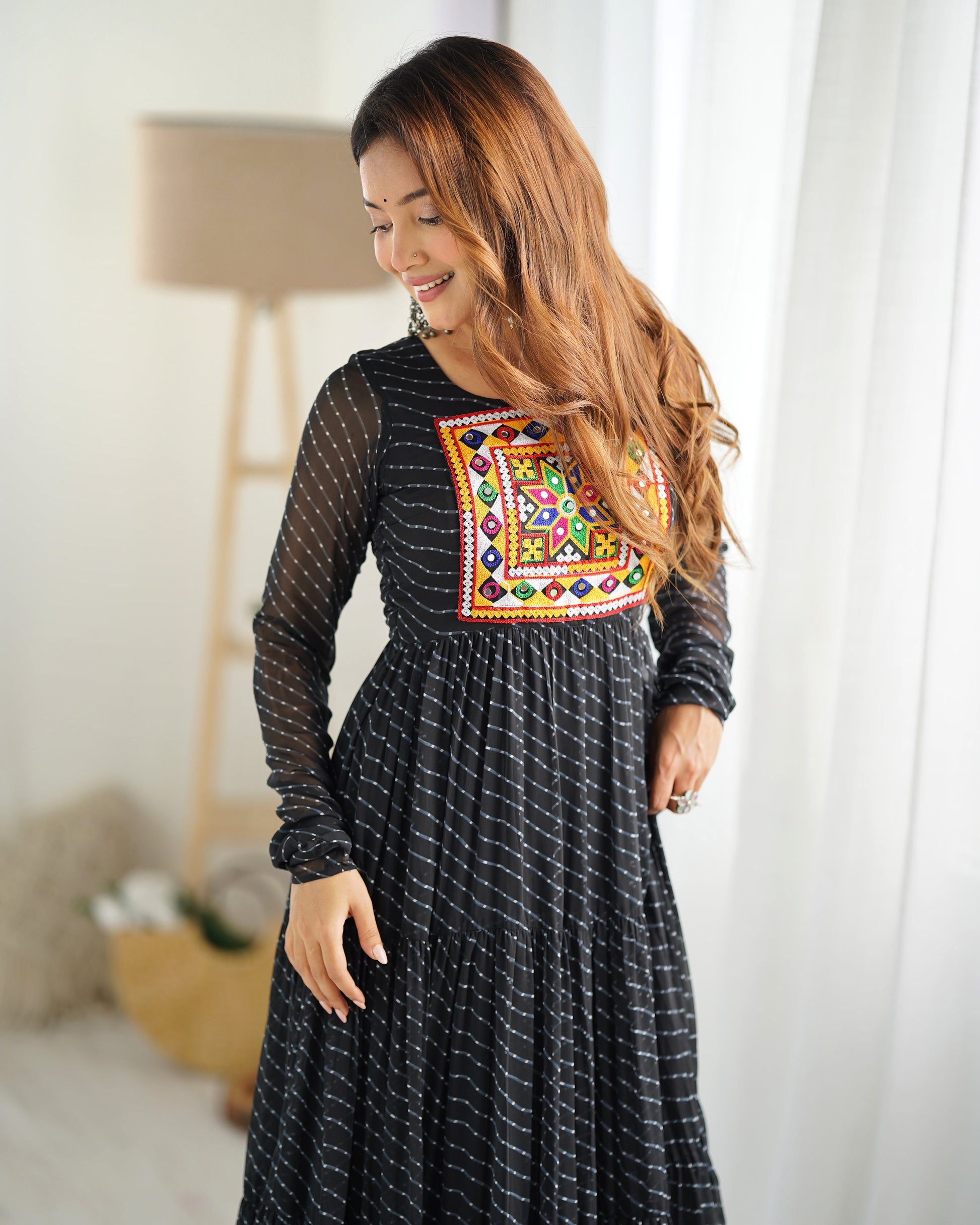 Lorenvalley Women Pure Soft Faux Georgette Leheriya Print Anarkali Gown - Black 