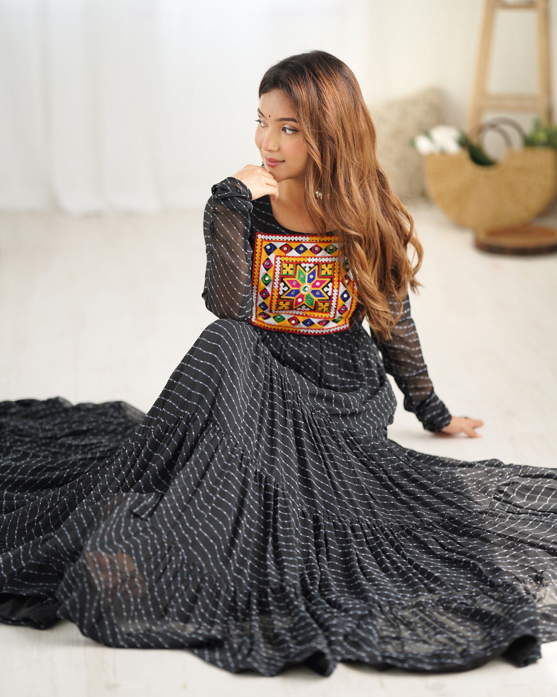 Lorenvalley Women Pure Soft Faux Georgette Leheriya Print Anarkali Gown - Black 