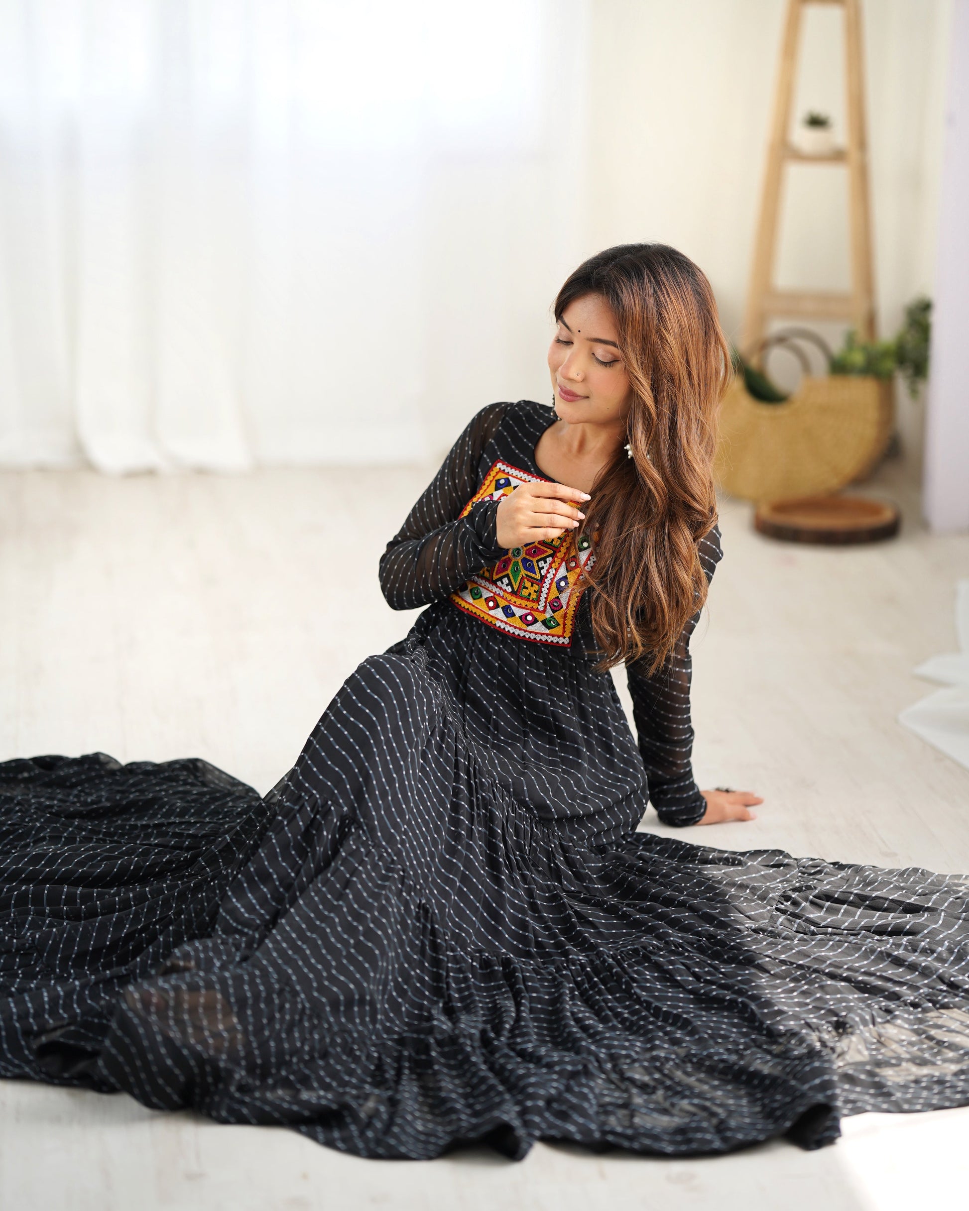 Lorenvalley Women Pure Soft Faux Georgette Leheriya Print Anarkali Gown - Black 