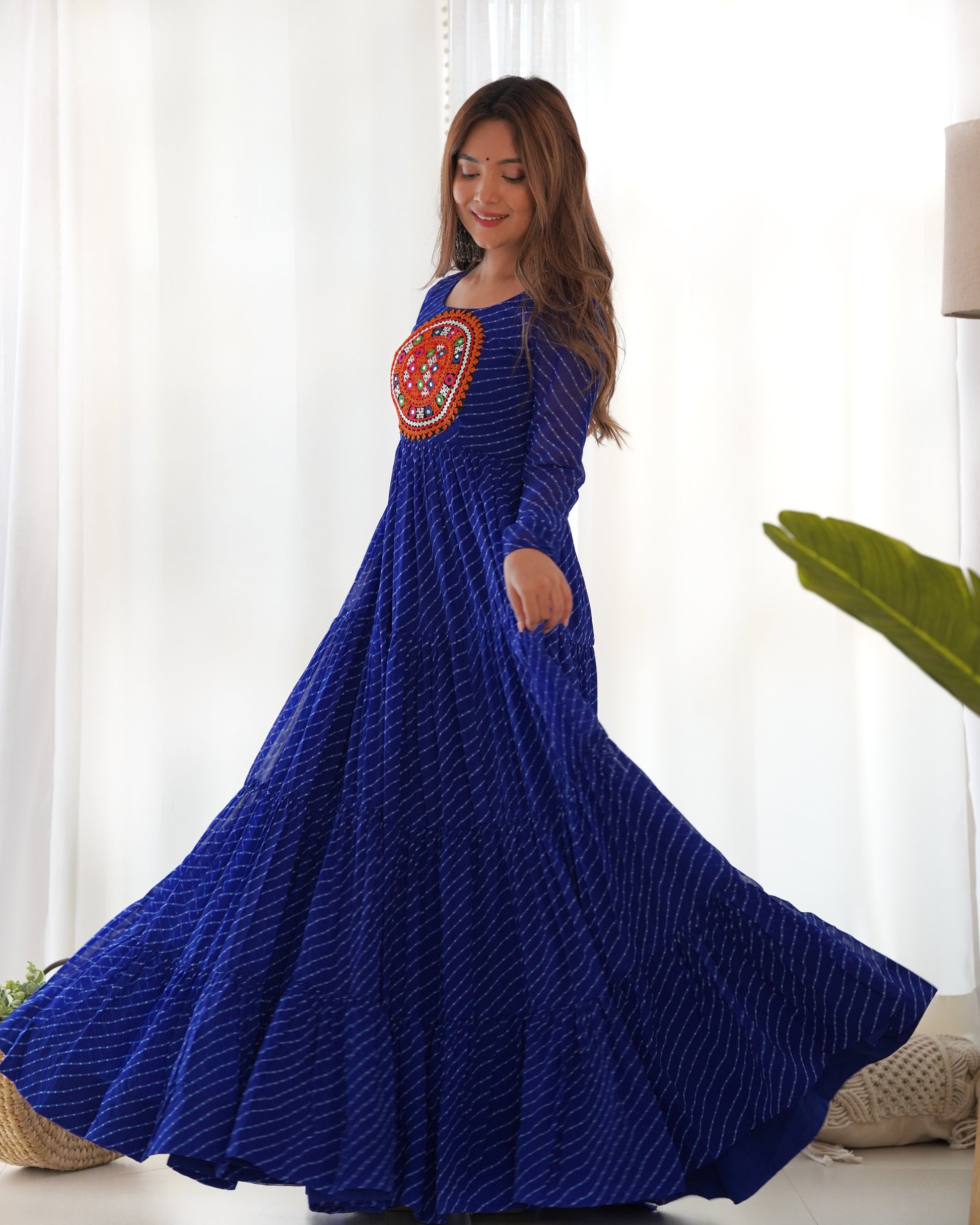 Lorenvalley Women Pure Soft Faux Georgette Leheriya Print Anarkali Gown - Blue 