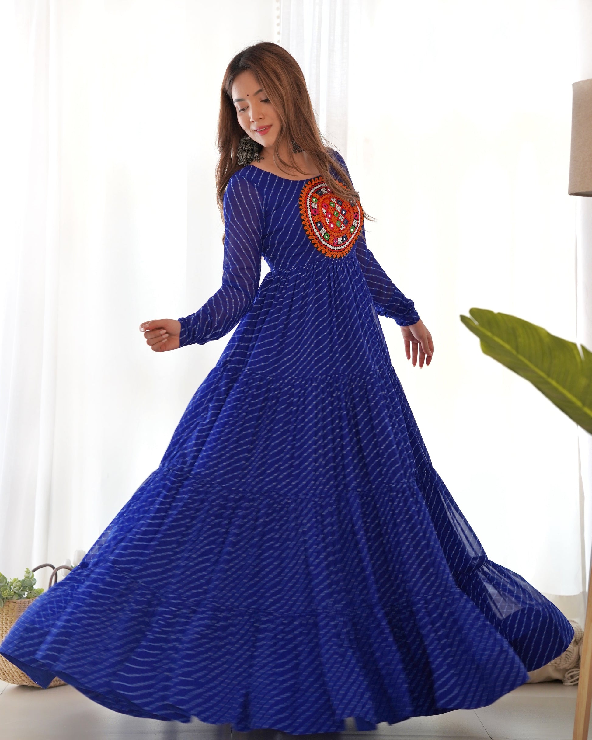Lorenvalley Women Pure Soft Faux Georgette Leheriya Print Anarkali Gown - Blue 