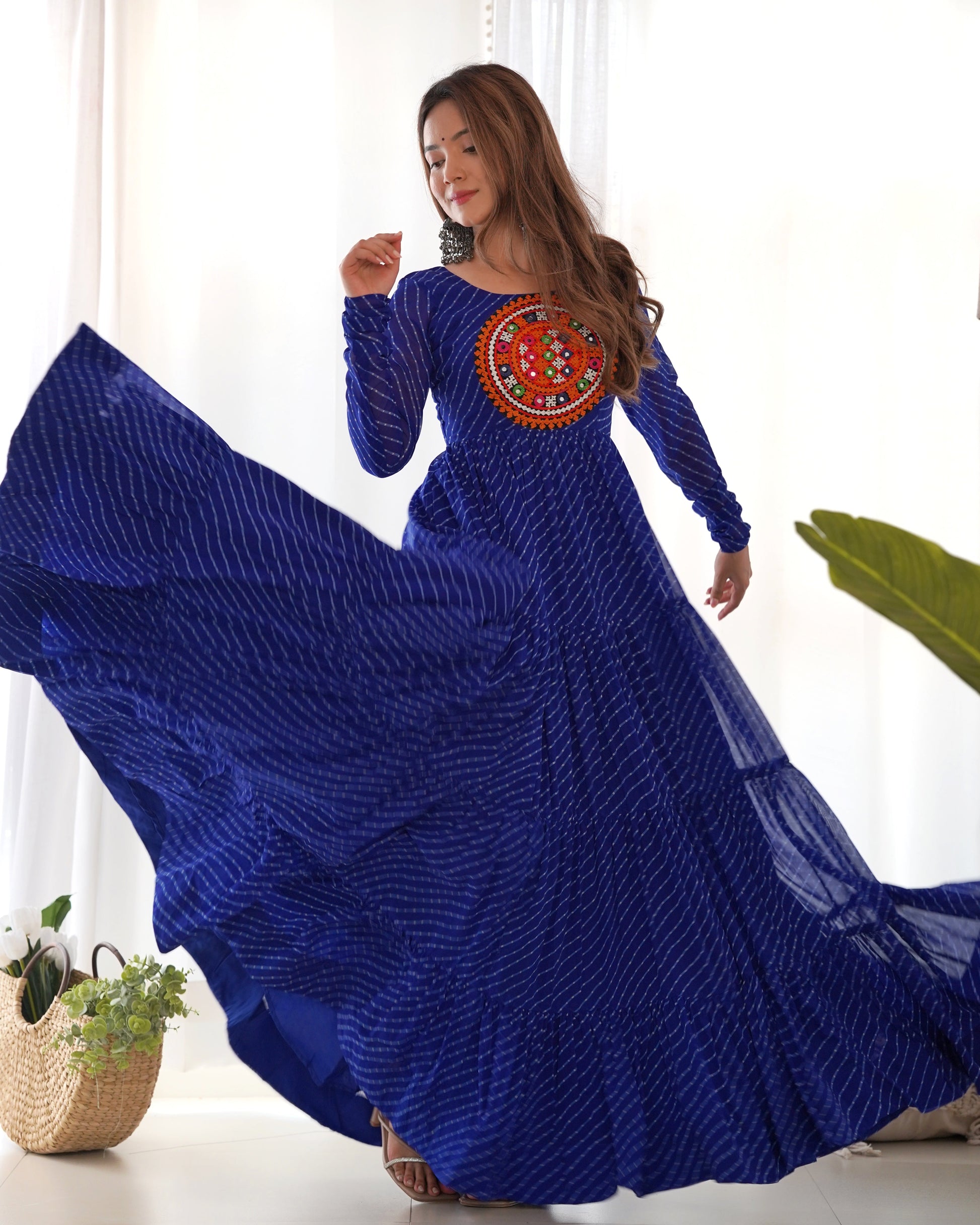 Lorenvalley Women Pure Soft Faux Georgette Leheriya Print Anarkali Gown - Blue 