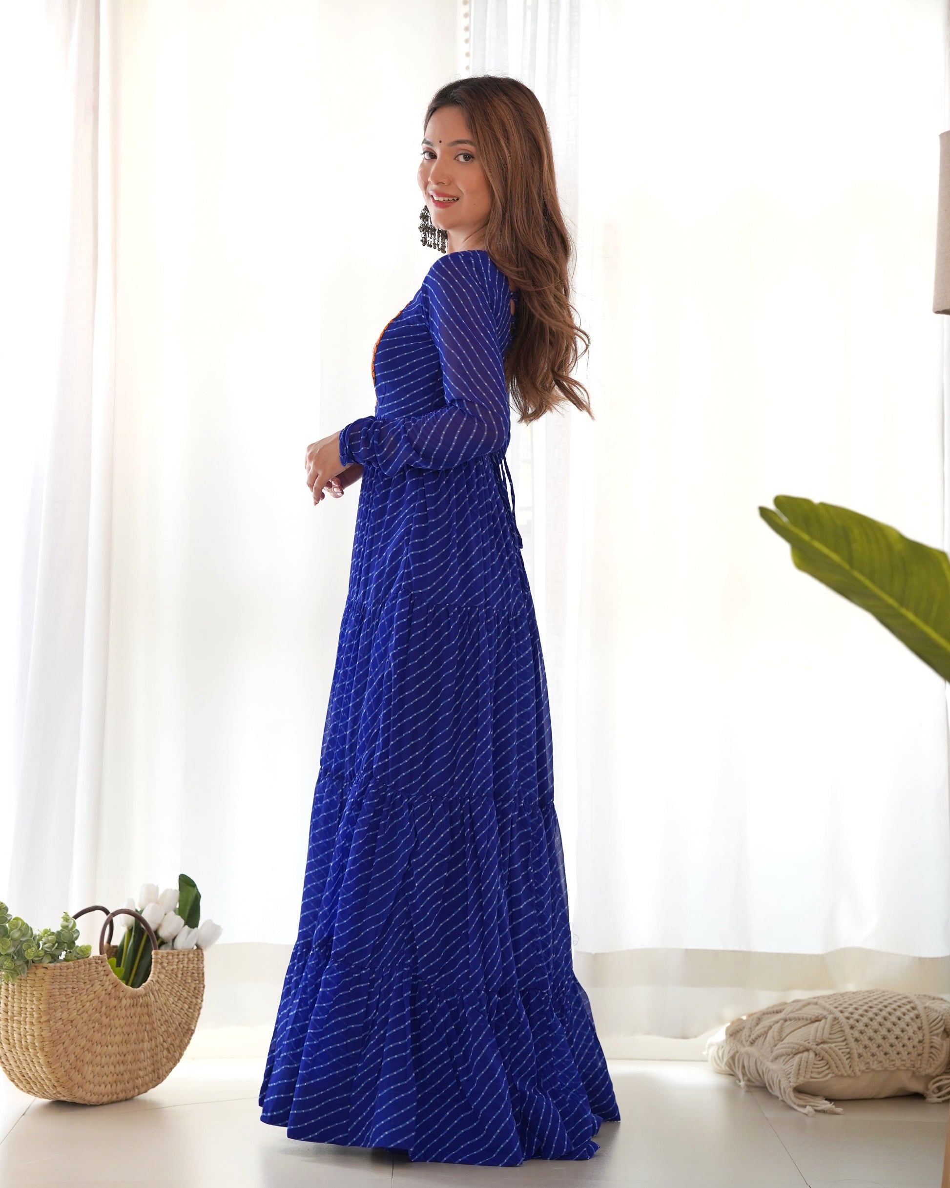 Lorenvalley Women Pure Soft Faux Georgette Leheriya Print Anarkali Gown - Blue 