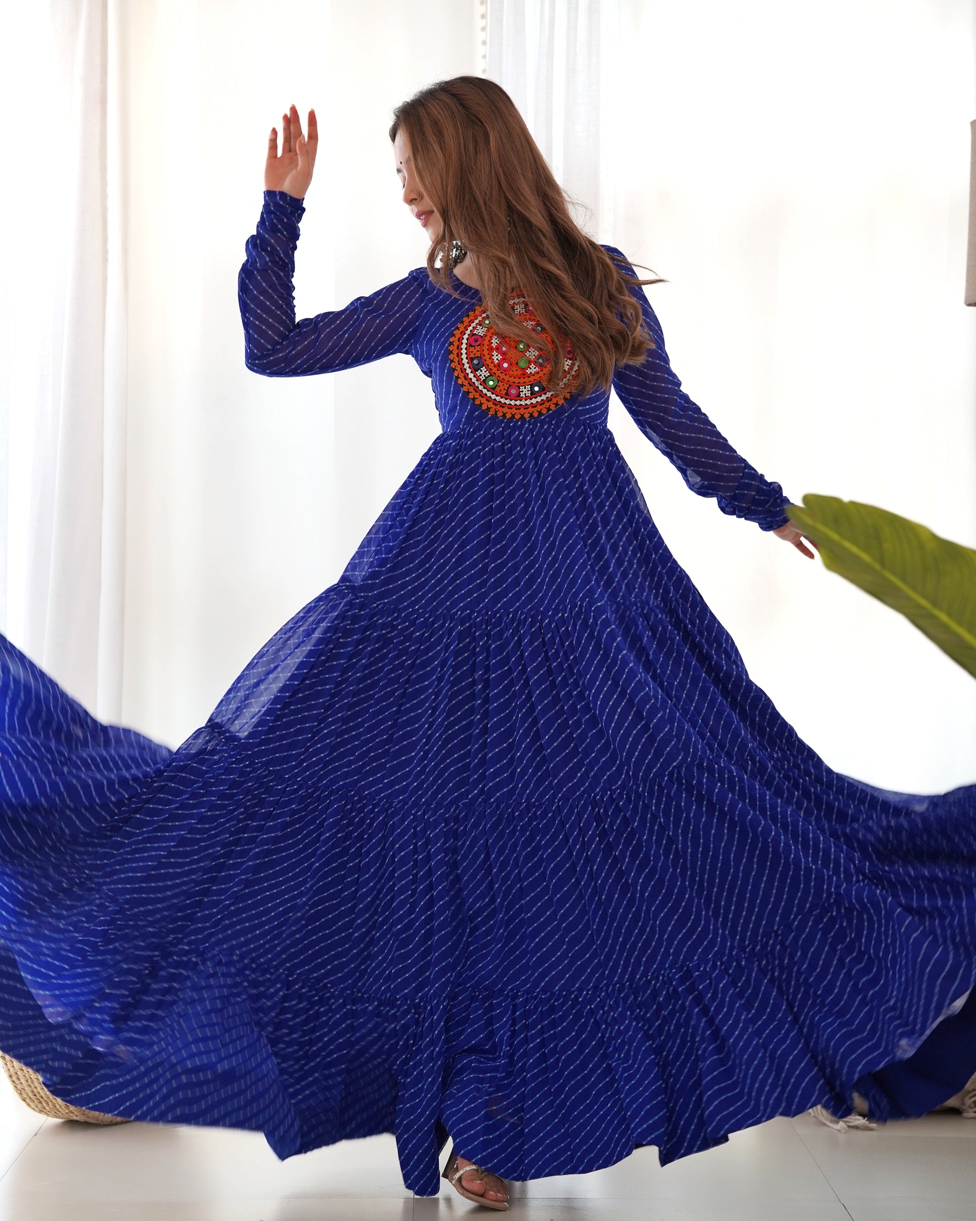Lorenvalley Women Pure Soft Faux Georgette Leheriya Print Anarkali Gown - Blue 