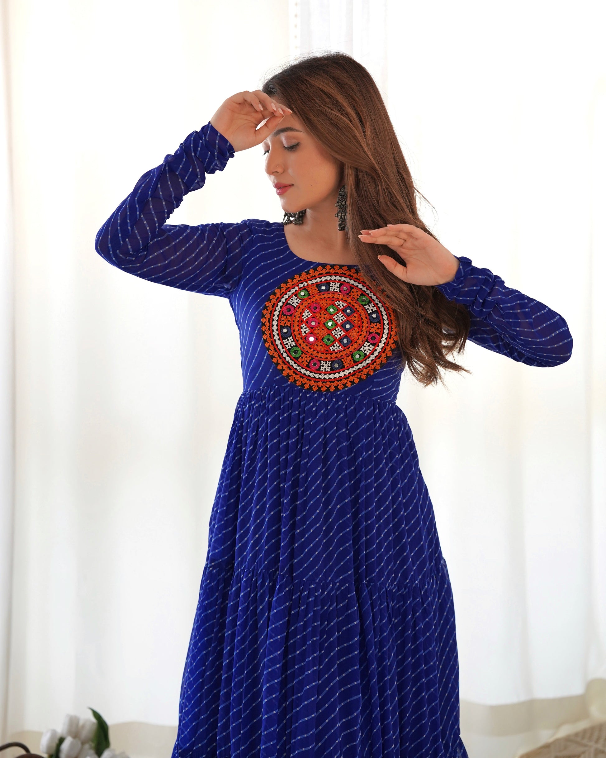 Lorenvalley Women Pure Soft Faux Georgette Leheriya Print Anarkali Gown - Blue 