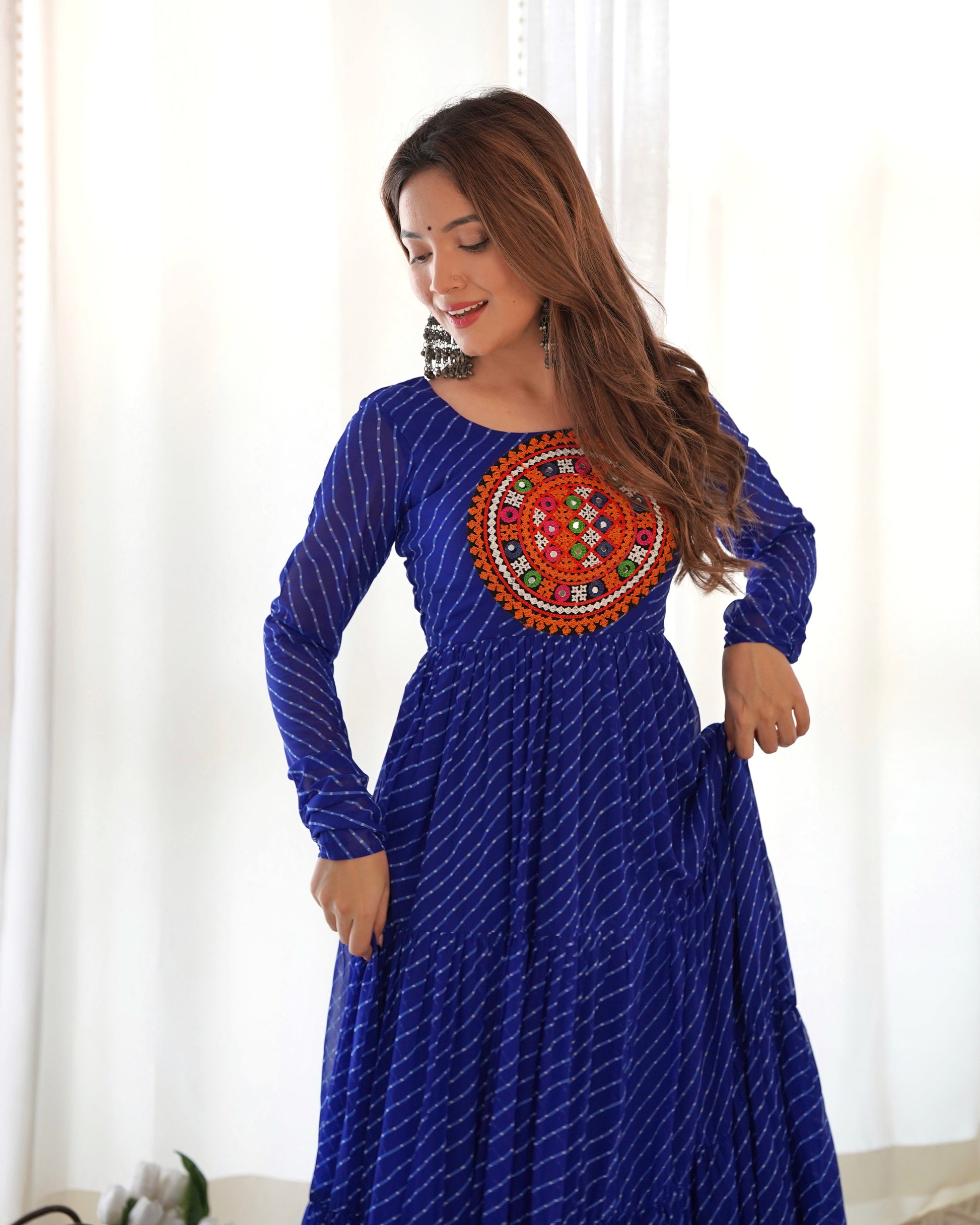 Lorenvalley Women Pure Soft Faux Georgette Leheriya Print Anarkali Gown - Blue 