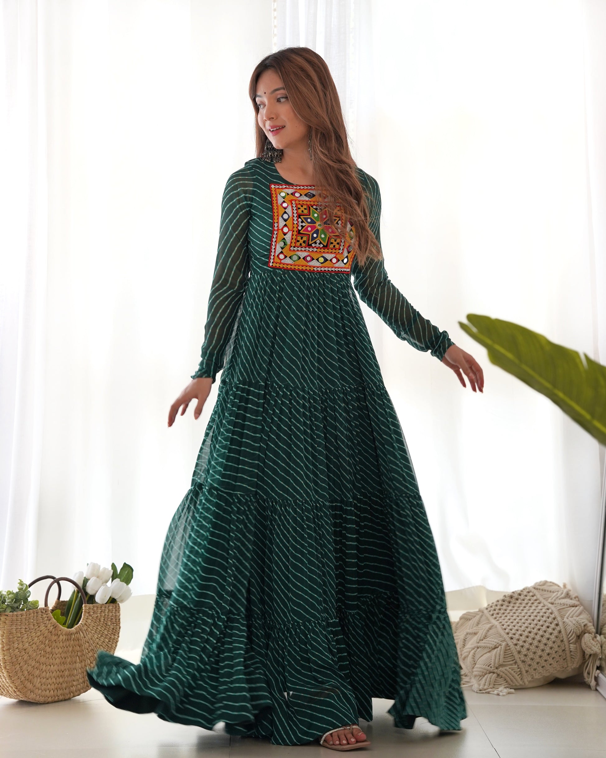 Lorenvalley Women Pure Soft Faux Georgette Leheriya Print Anarkali Gown - Green 