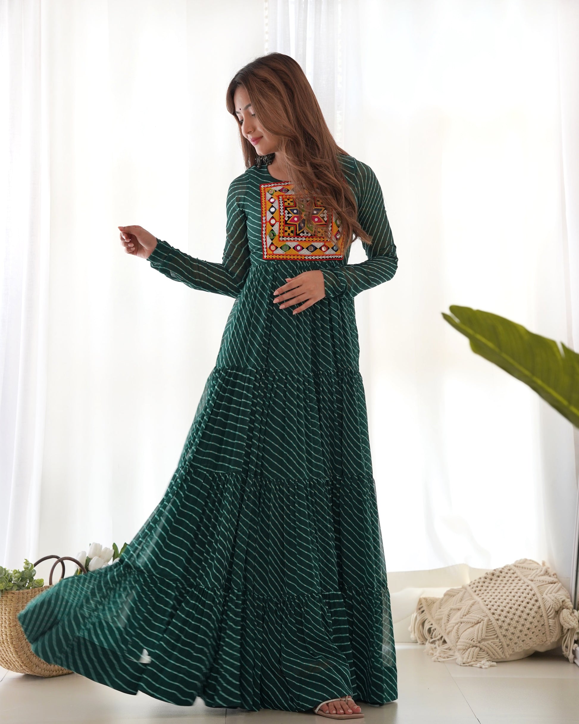 Lorenvalley Women Pure Soft Faux Georgette Leheriya Print Anarkali Gown - Green 